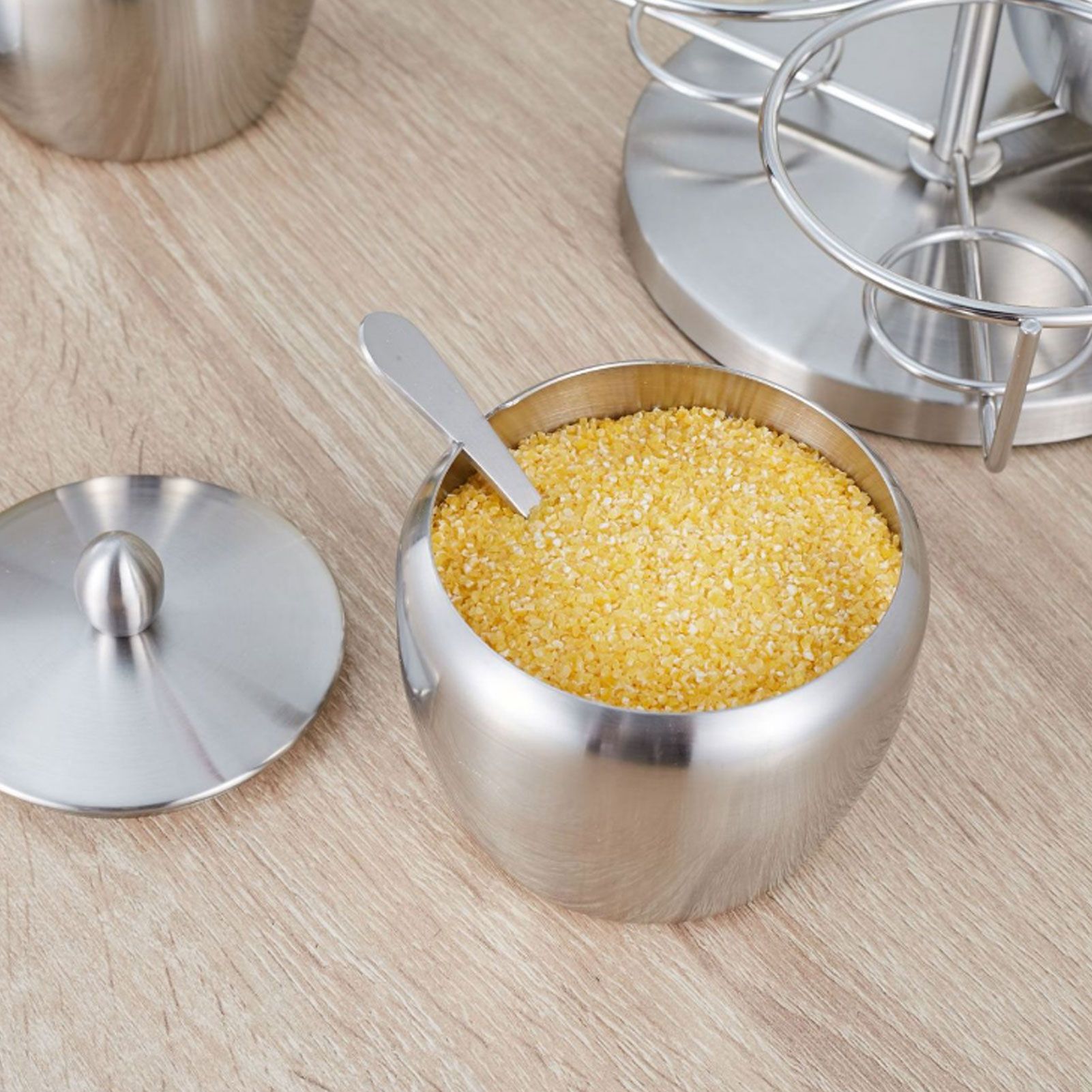 Stainless Steel Seasoning Pot Spice Salt Sugar Bowl Container with Rotating view 15