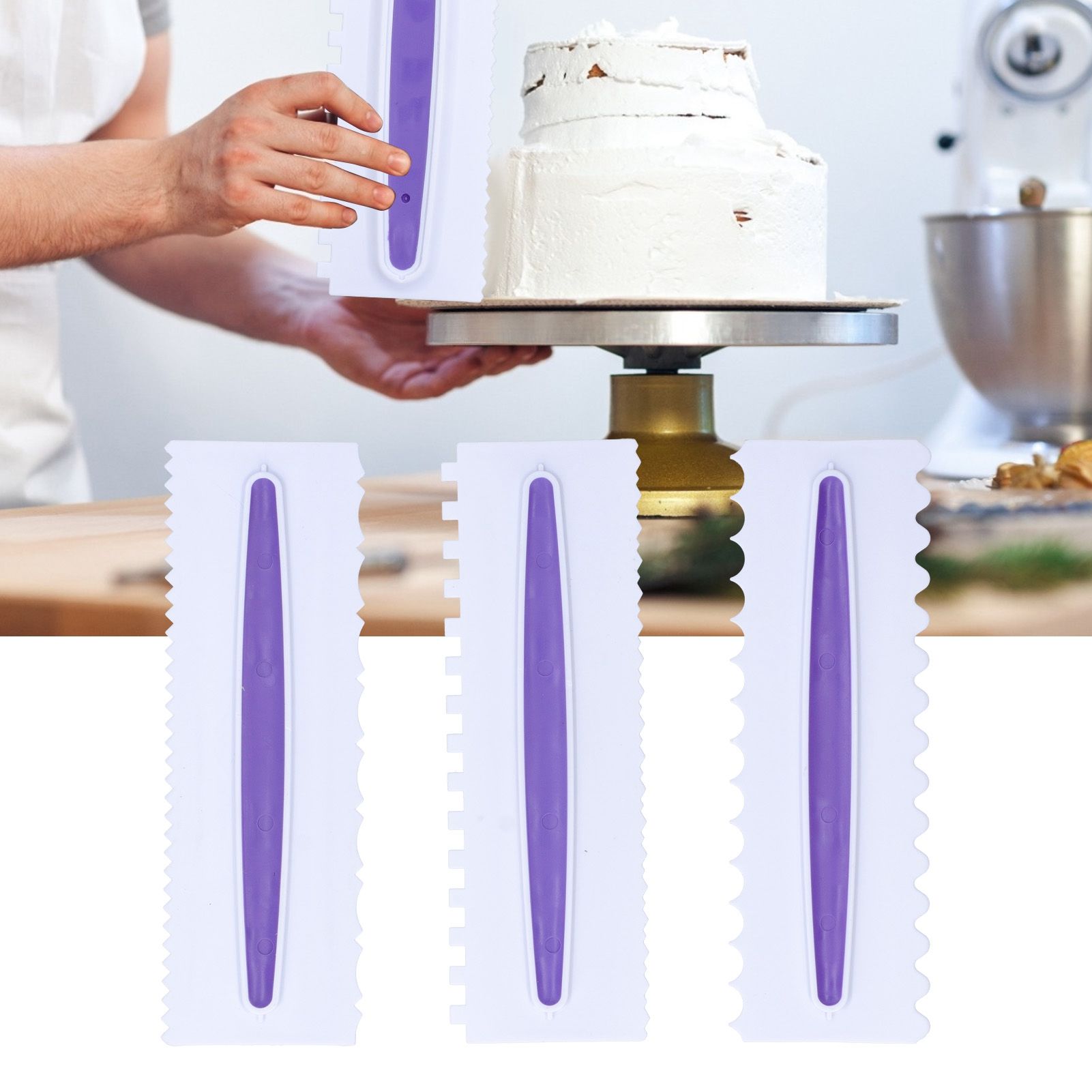 3Pcs Cake Icing Spatula Frosting Scraper Comb Edge Smoothing Decorating Tool view 9