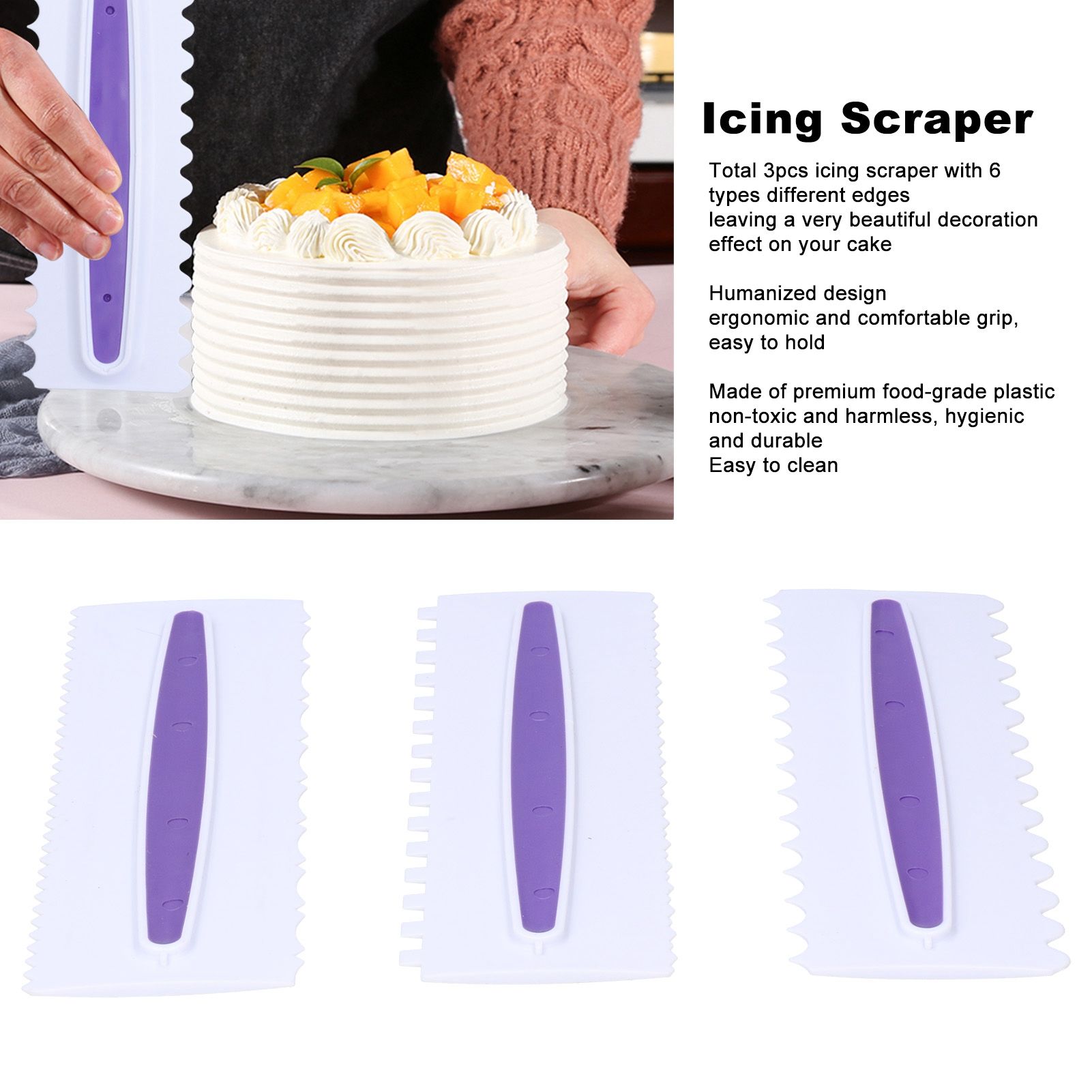 3Pcs Cake Icing Spatula Frosting Scraper Comb Edge Smoothing Decorating Tool view 15
