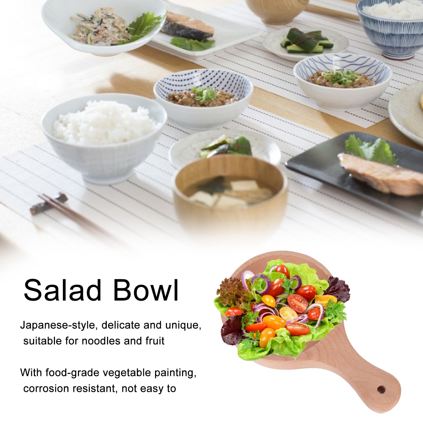 Wooden Salad Bowl with Handle JapaneseStyle Noodles Fruit Bowl Kitchen Tablewares view 15