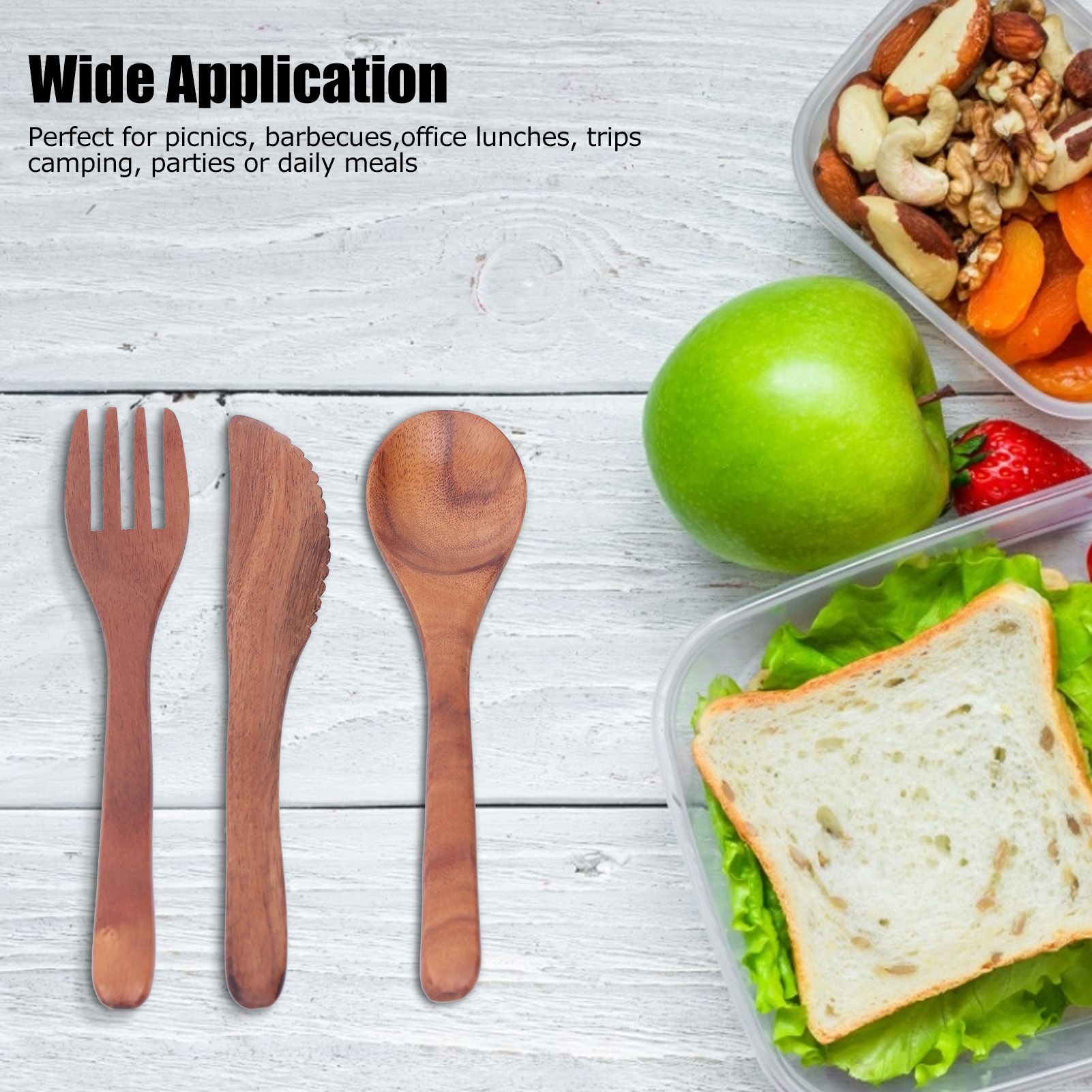 3PCS Wooden Tableware Sets Portable Fork Knife Spoon Cutlery Kitchen view 12
