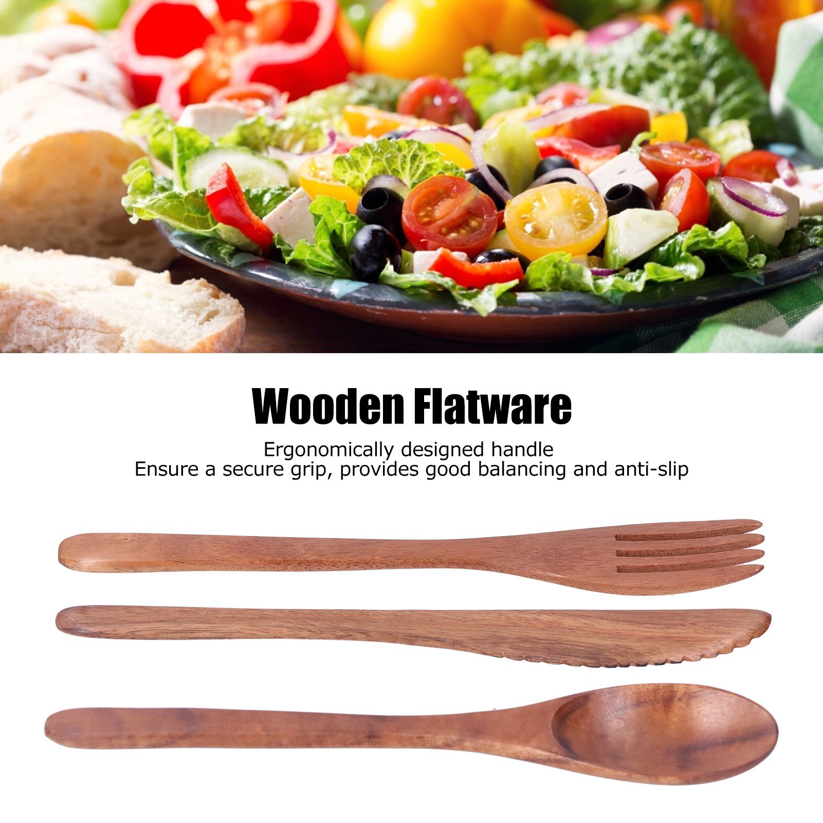 3PCS Wooden Tableware Sets Portable Fork Knife Spoon Cutlery Kitchen view 13
