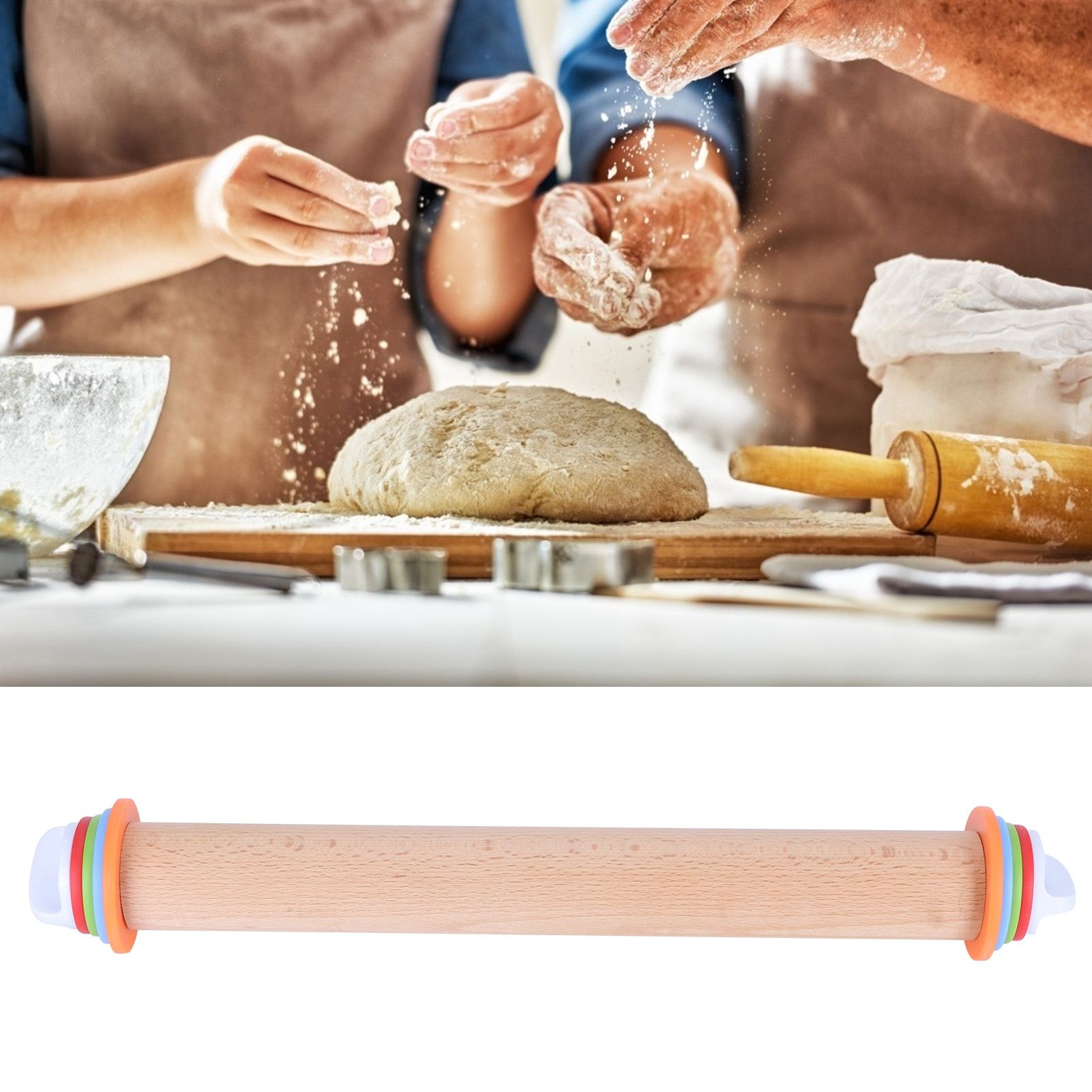 Adjustable Beech and PP Rolling Pin with Detachable Ring for Cake Egg Tart view 11