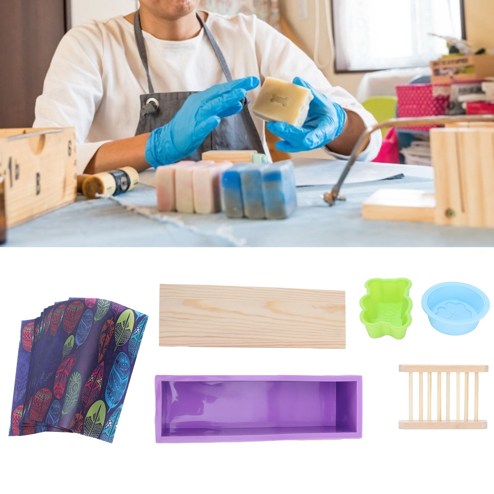 DIY Silicone Soap Mold Set with Wood Box Soap Rack Wrapping Paper Baking view 11