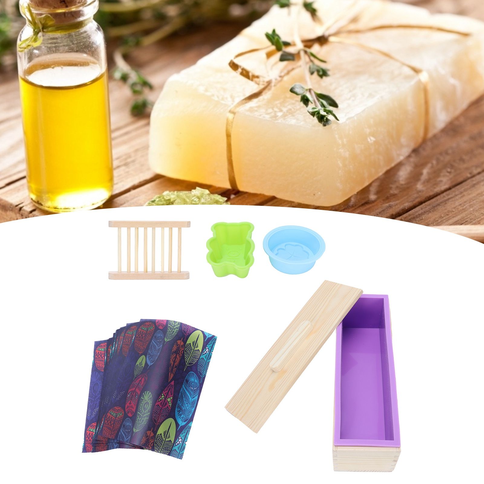 DIY Silicone Soap Mold Set with Wood Box Soap Rack Wrapping Paper Baking view 12