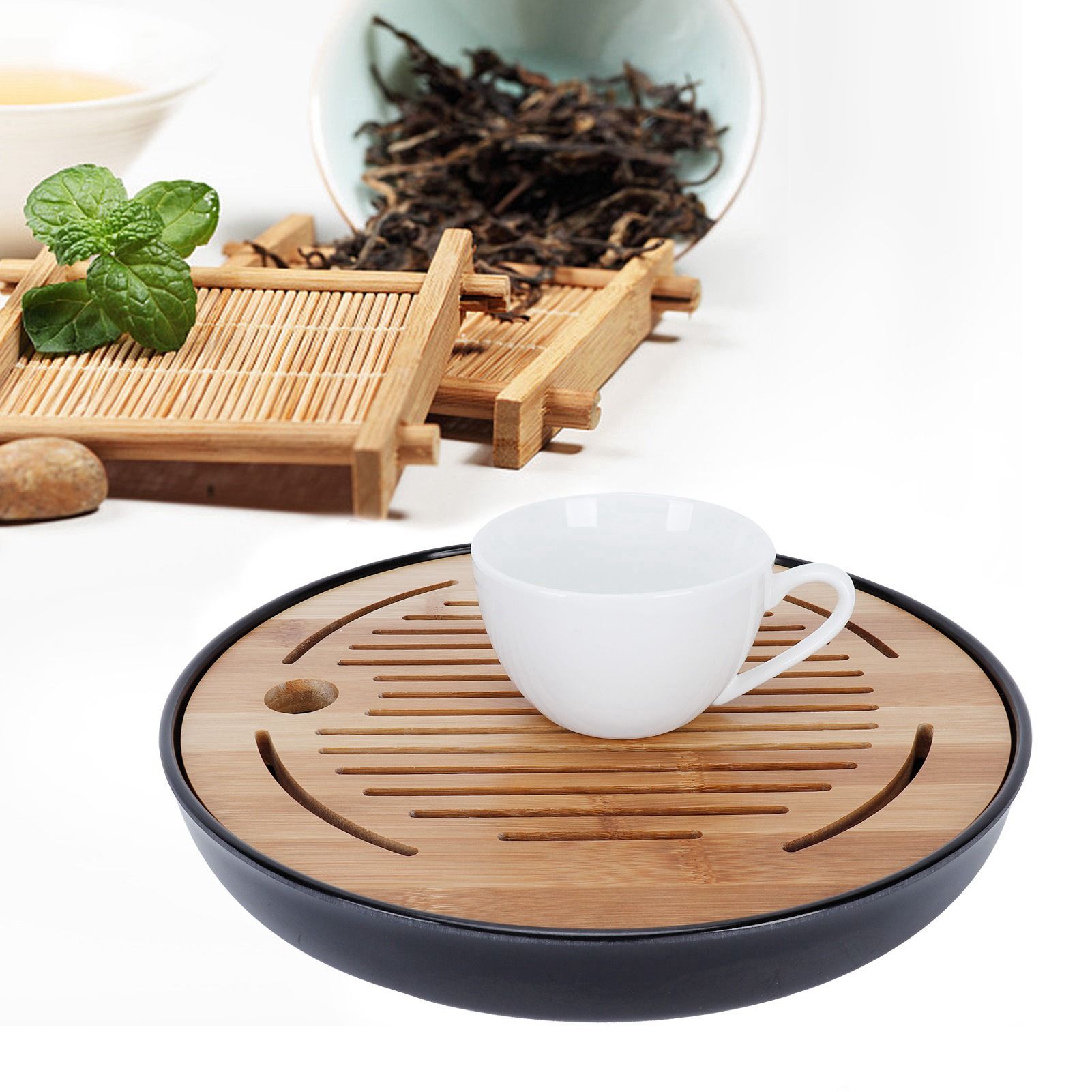 Bamboo Round Tea Tray Teapot Mat Serving Tray Drainage Water Storage Tea Set view 11