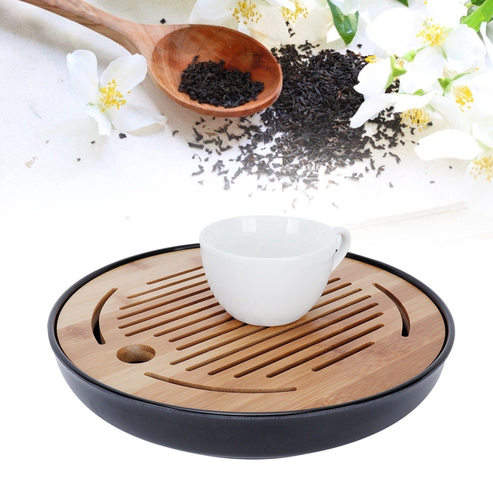 Bamboo Round Tea Tray Teapot Mat Serving Tray Drainage Water Storage Tea Set view 12