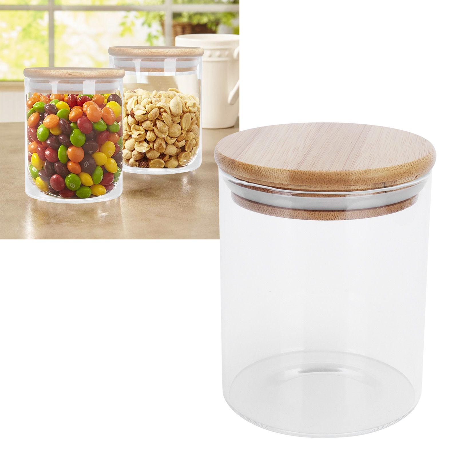 450ml Wood Round Storage Jar with Lid Transparent Glass Food Container for Tea view 12