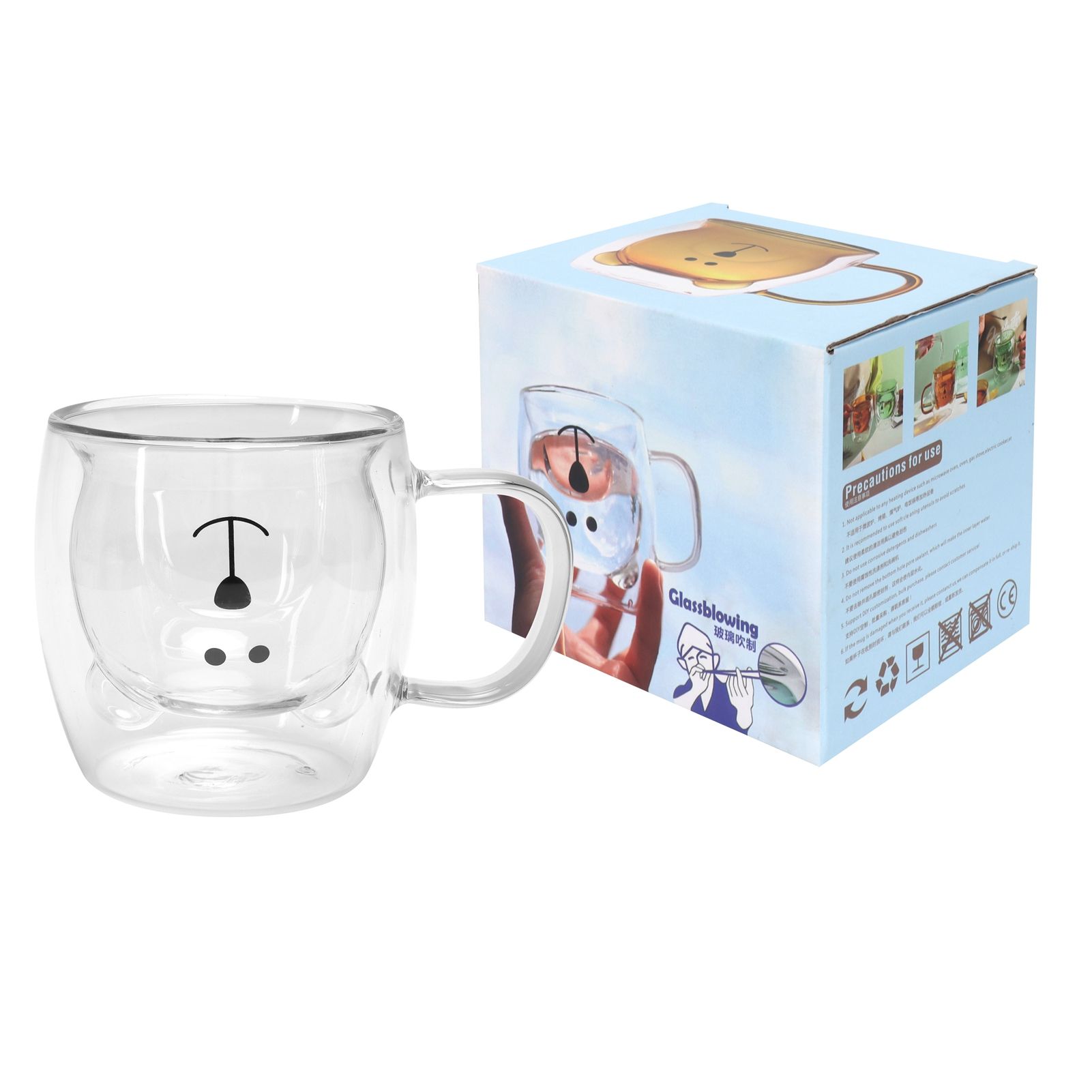 250ml Bear Shaped Glass Cup Double Wall Water Tea Coffee Milk Mug with Handle
