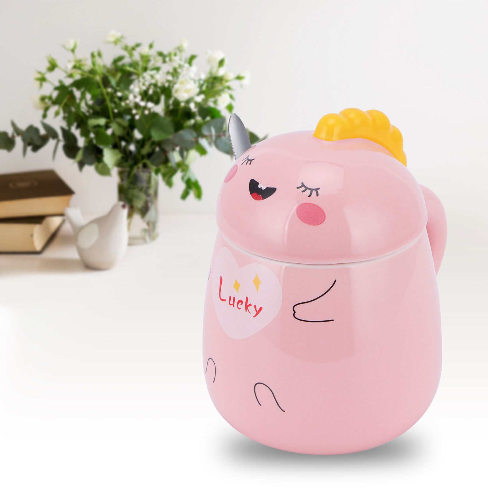 450ml Cute Ceramic Cup with Lid Spoon Water Cup Coffee Mug Girl Gift for Home view 11