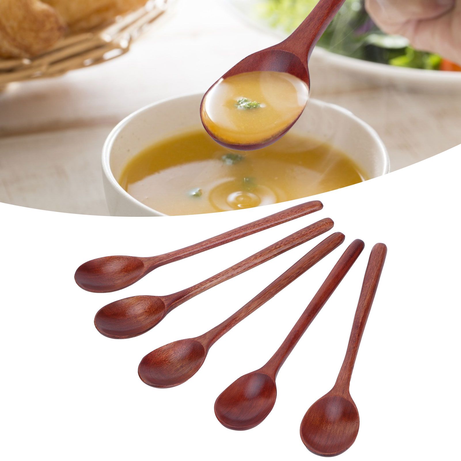 5PCS Wooden Spoon with Long Handle Soup Spoon for Barbecue Camping Party Home view 12