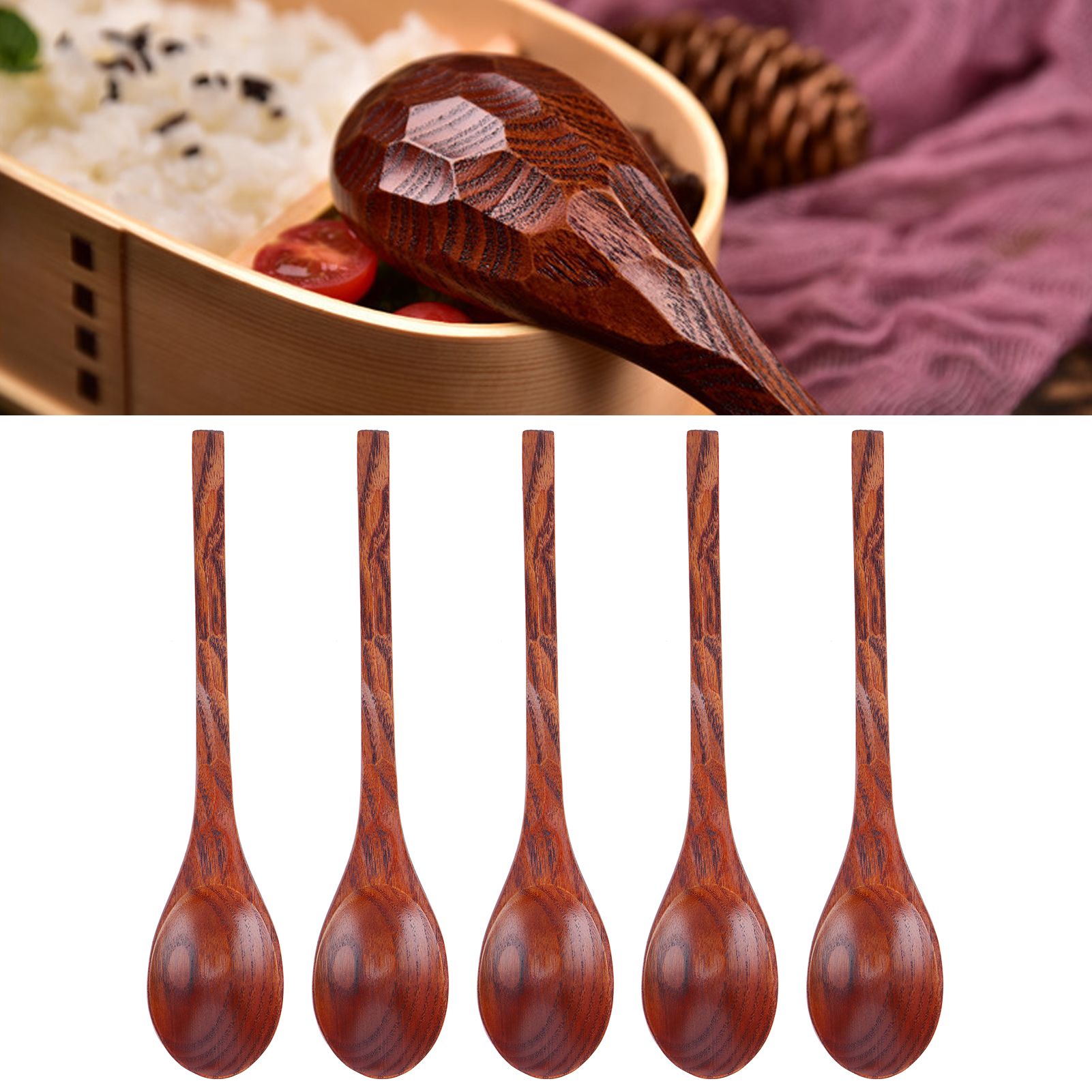 5PCS Japanese Style Wood Spoon Long Handle Soup Spoons Household Tableware view 11