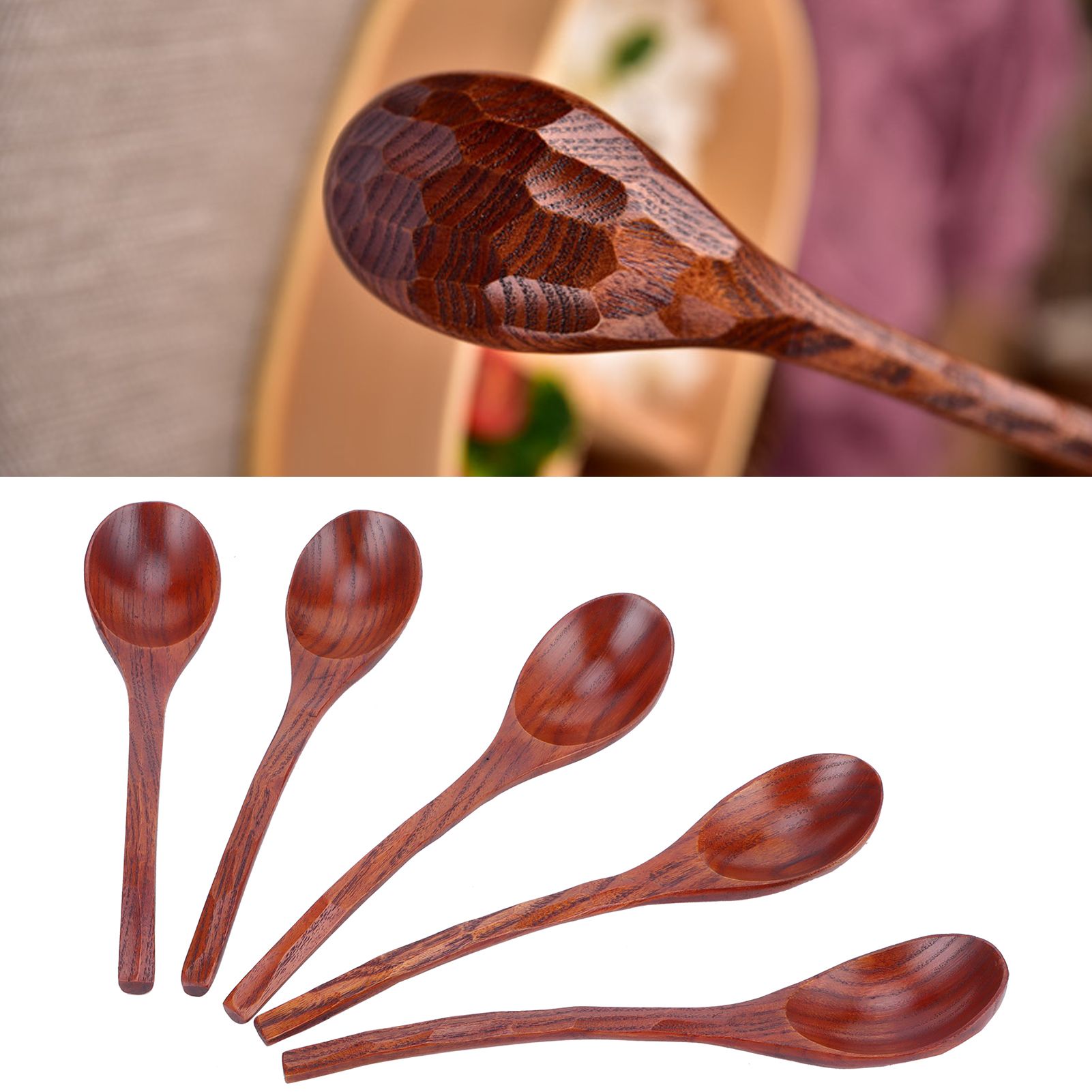 5PCS Japanese Style Wood Spoon Long Handle Soup Spoons Household Tableware view 12
