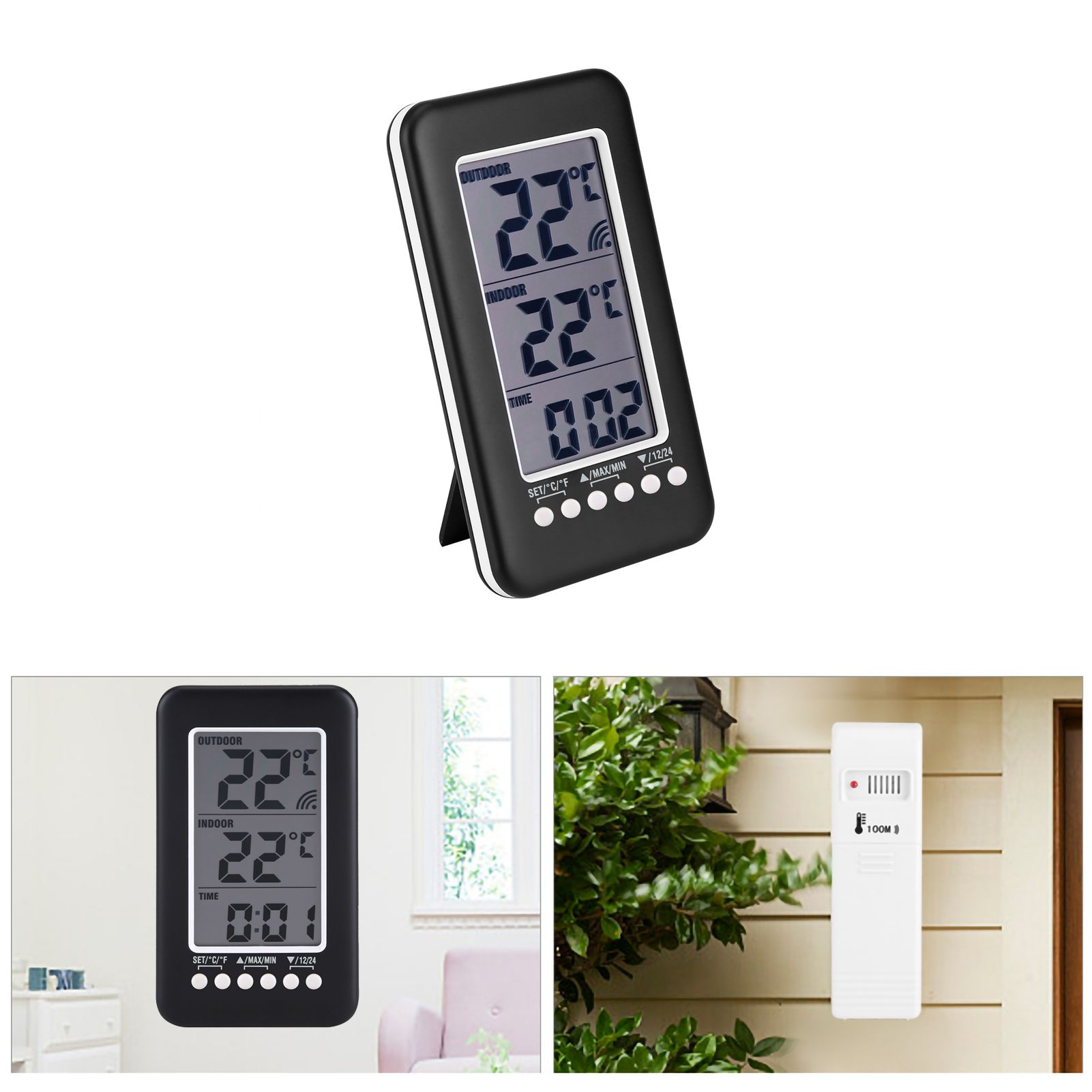 LCD Digital Indoor Outdoor Thermometer Clock Temperature Meter Wireless view 12