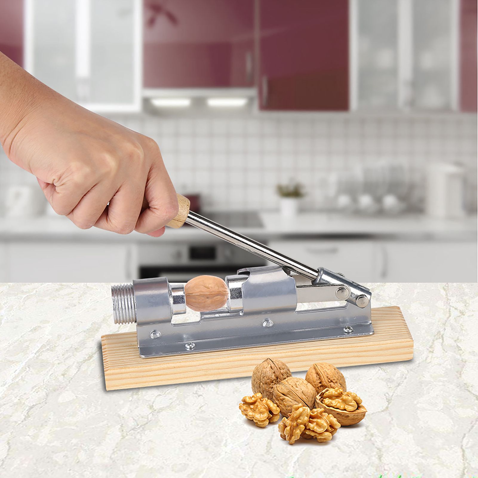 Mechanical Walnut Cracker Nut Opener Kitchen Tools Desktop Wood Base Handle view 11