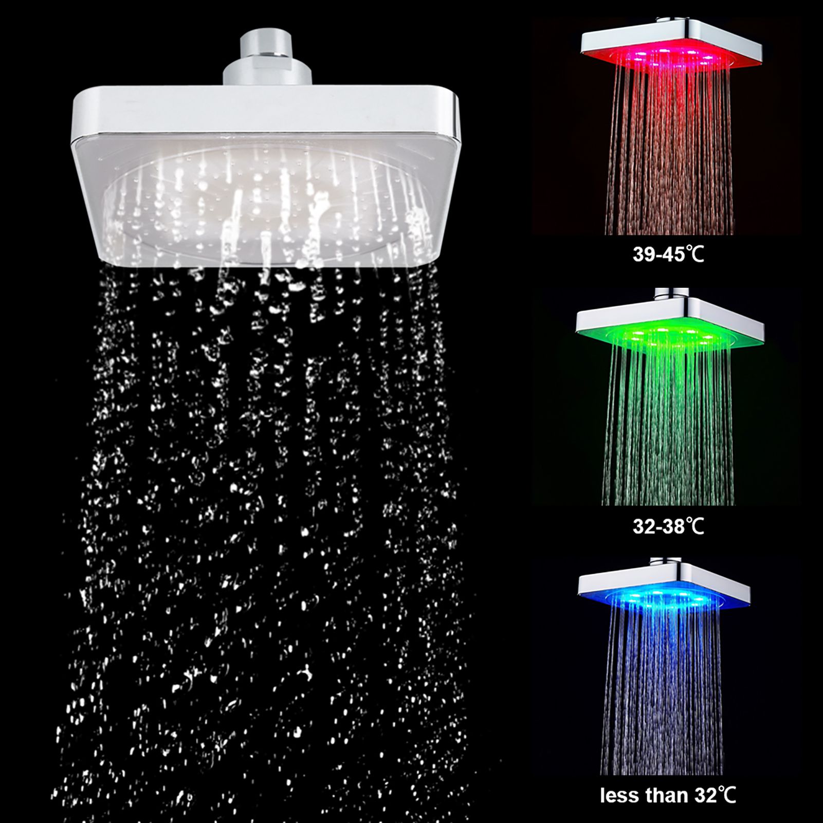 6 Inch Square Rain Shower Head LED Light 3 Color Changing Bathroom Sprinkler view 11
