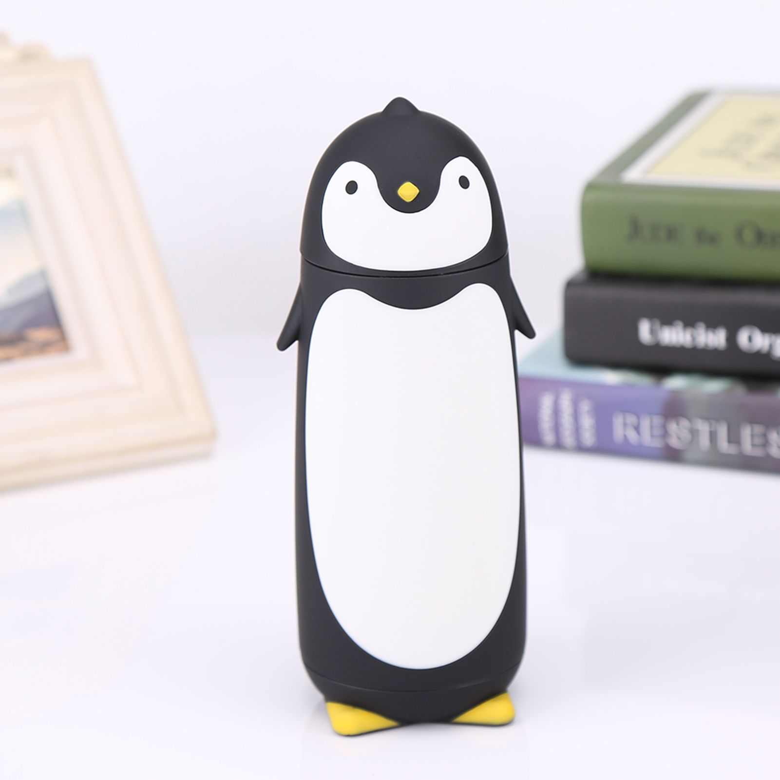 300ML Portable Cute Penguin Glass Water Bottle Double Layer Mug Travel Cup Black view 3