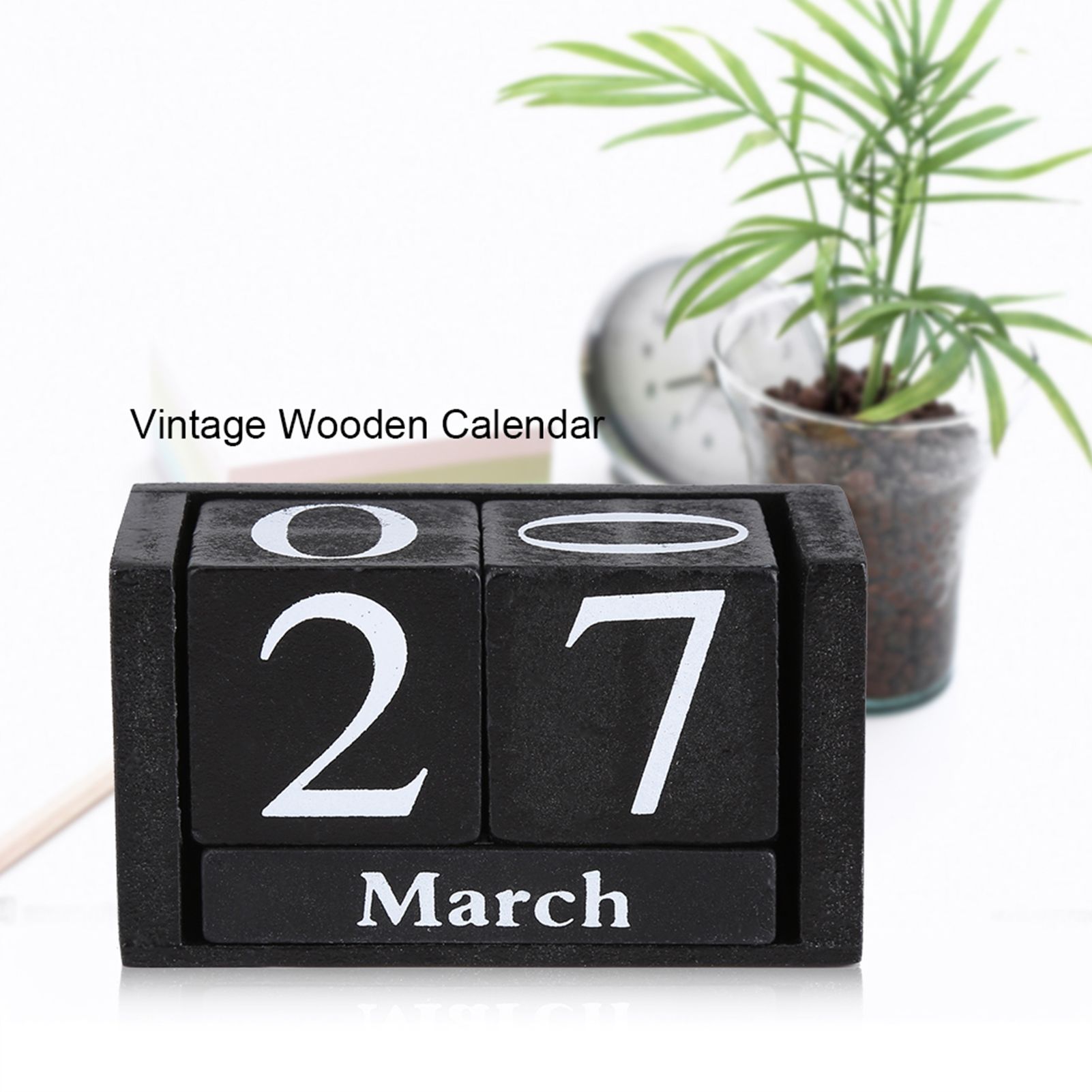 Vintage Wooden Calendar Desktop Wood Block Month Date Display Home Office view 13