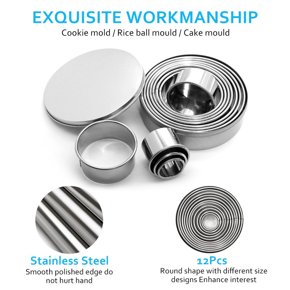 12 Pcs Stainless steel Round Cookie Biscuit Cutter Baking Metal Ring Molds for view 3