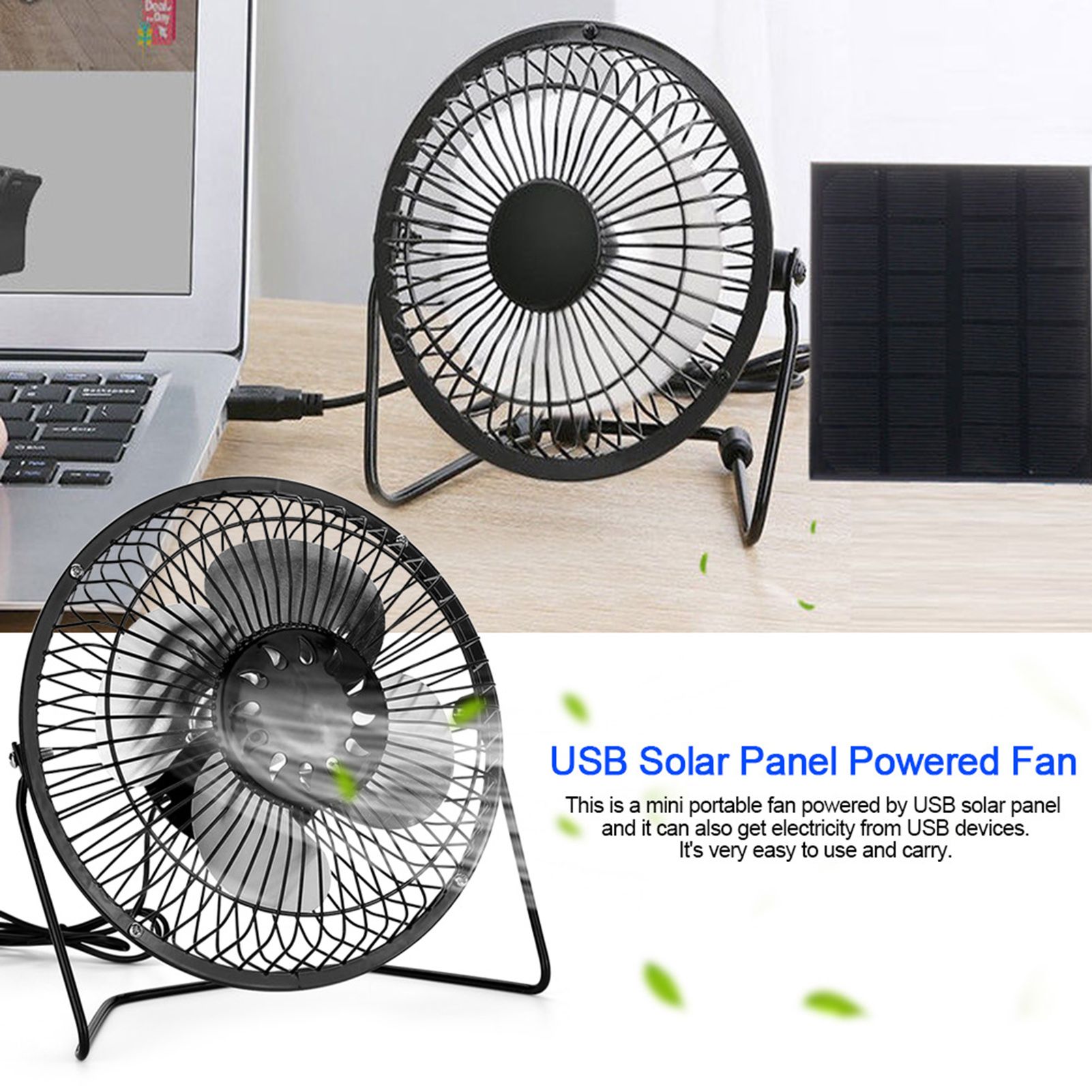 USB Solar Panel Powered Mini Portable Fan for Cooling Ventilation Home view 2