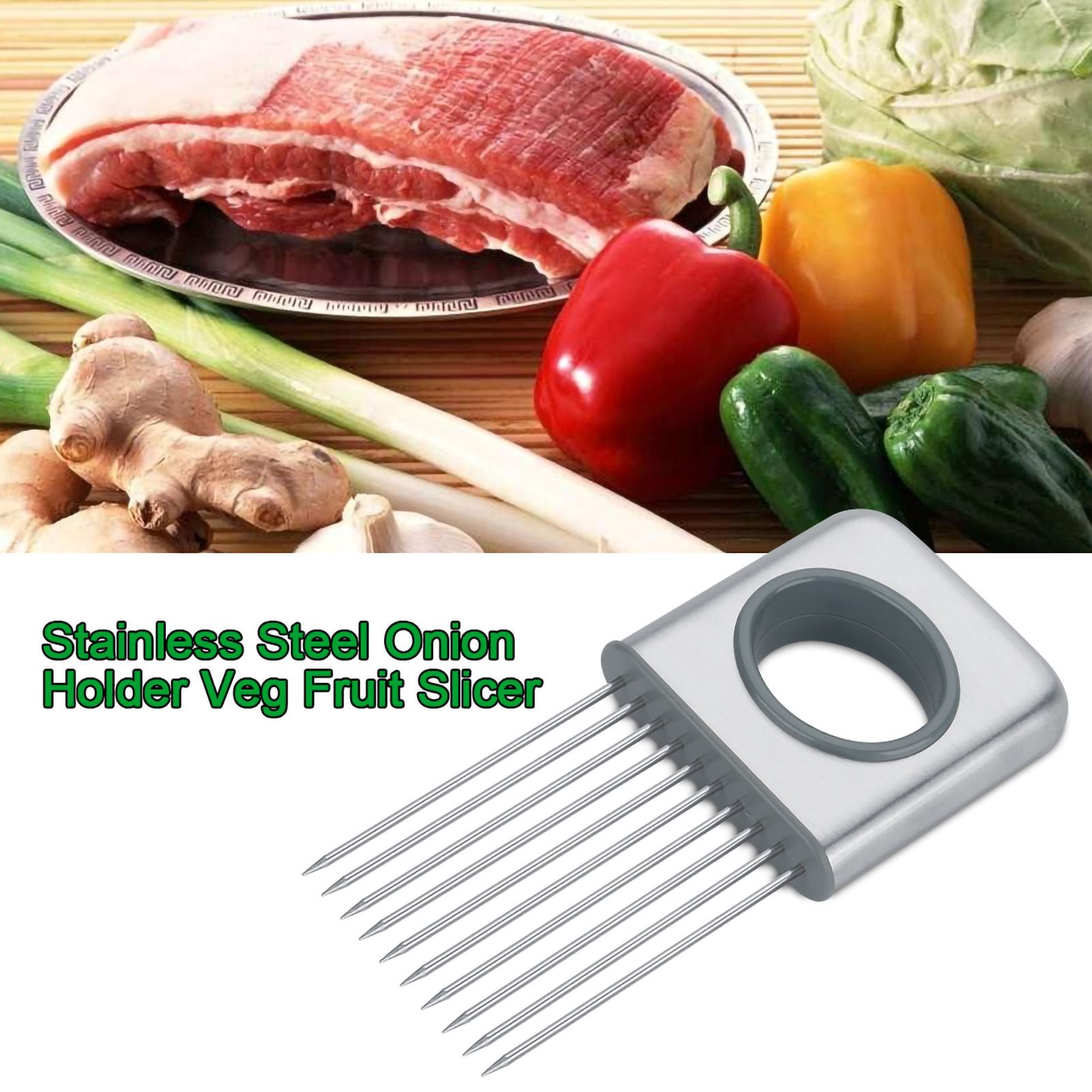 Stainless Steel Onion Holder Fruits Veg Meat Cutter Slicer Peeler Chopper with view 6