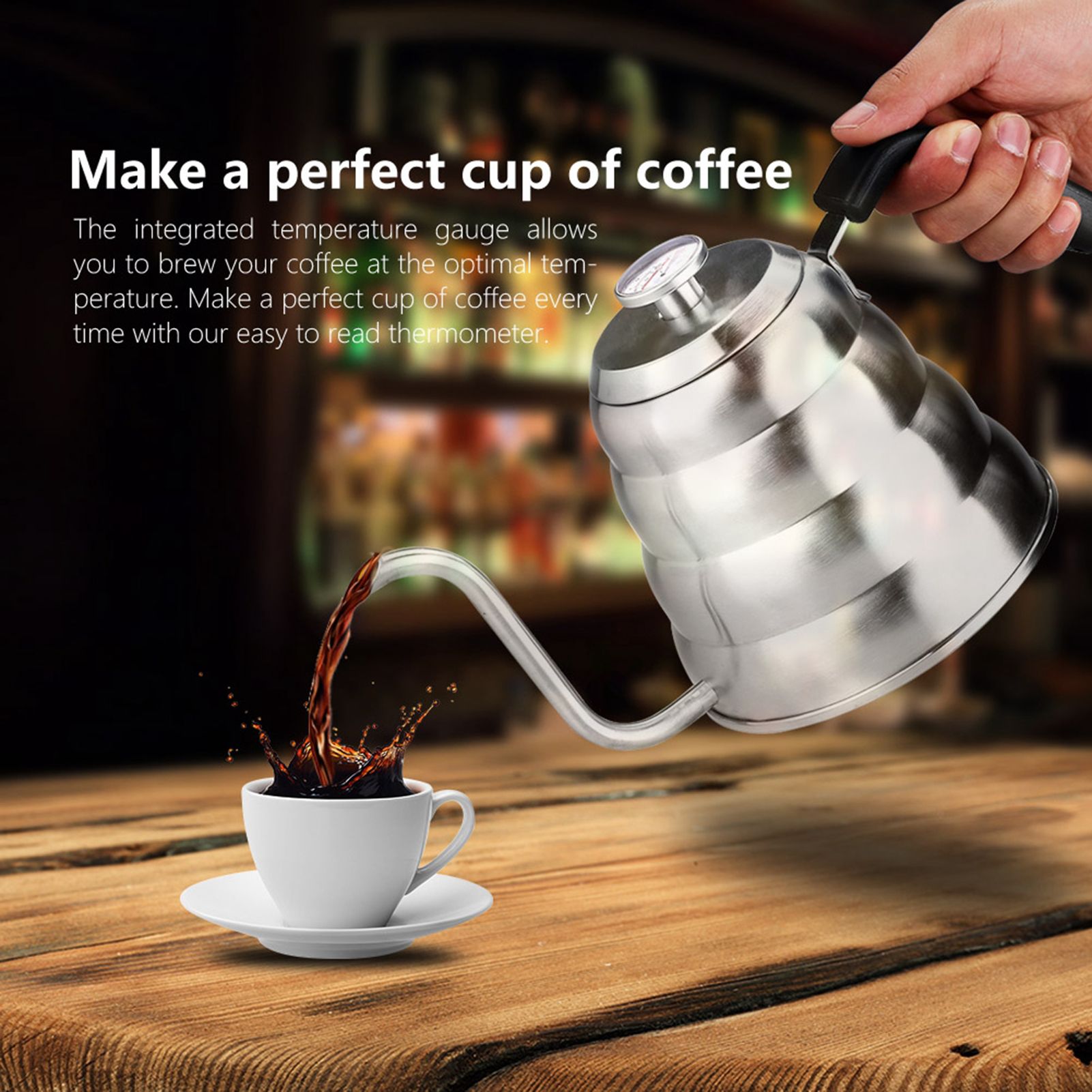 304 Stainless Steel Pour Over Coffee Gooseneck Kettle Teapot with Thermometer view 2