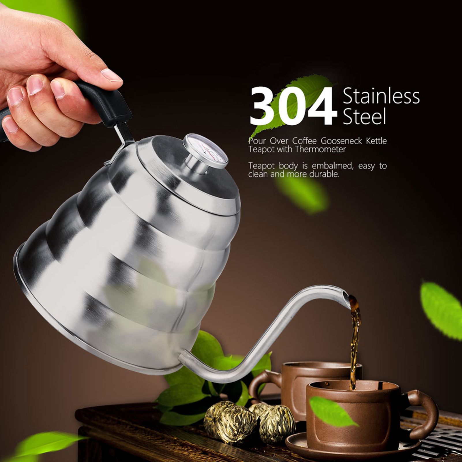 304 Stainless Steel Pour Over Coffee Gooseneck Kettle Teapot with Thermometer view 3