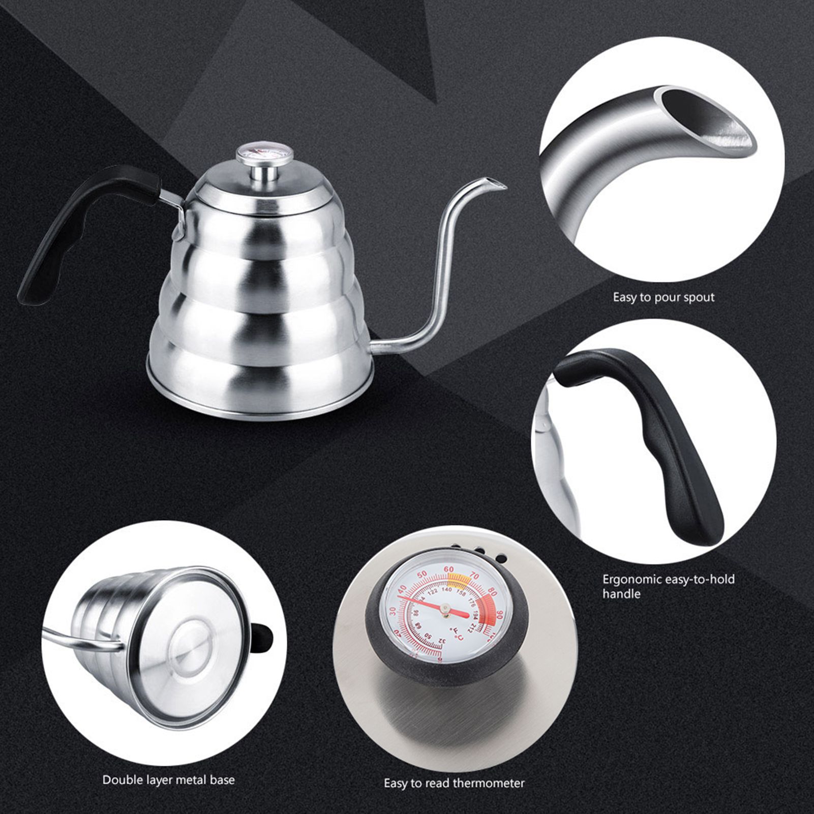 304 Stainless Steel Pour Over Coffee Gooseneck Kettle Teapot with Thermometer view 4