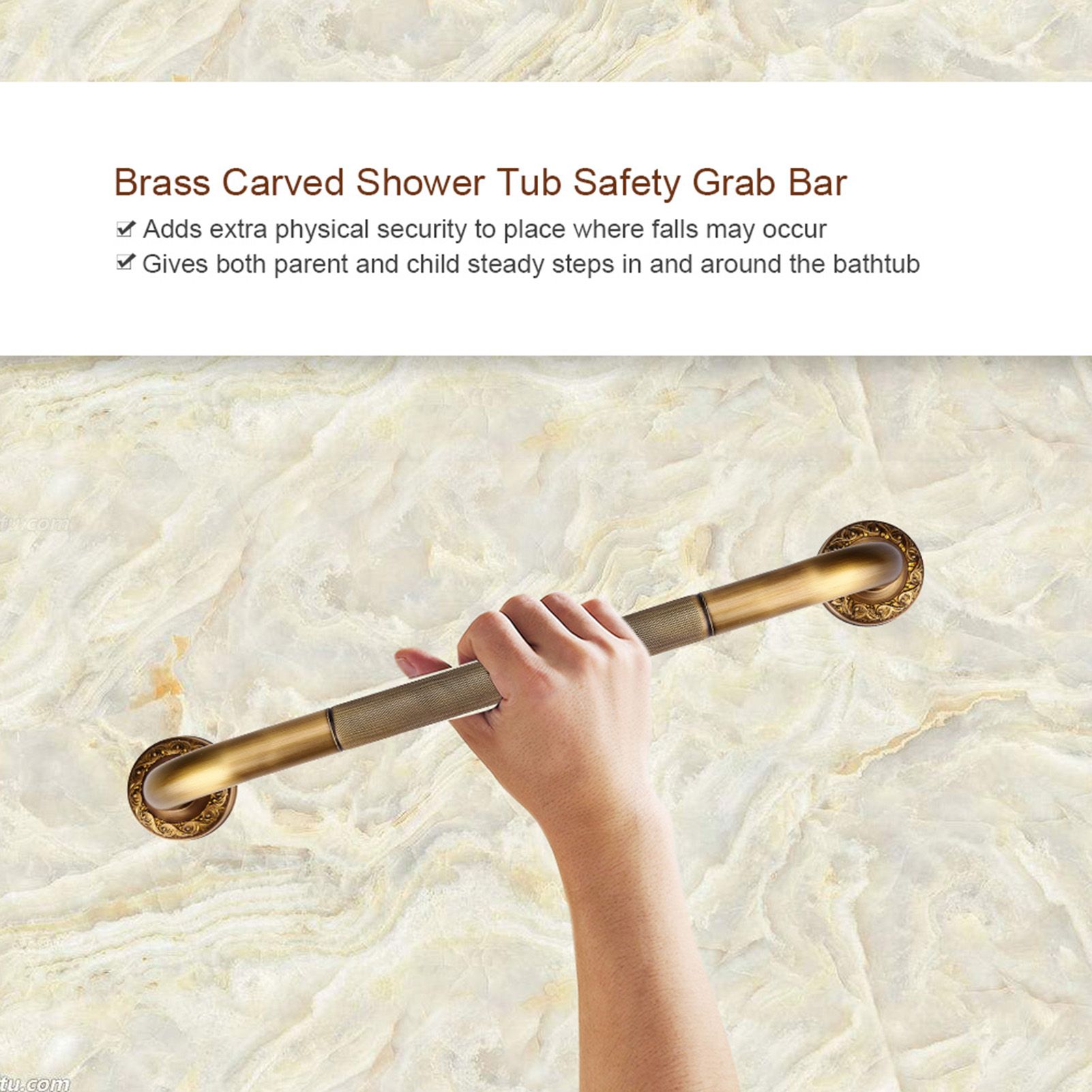 Antique Style Brass Carved Shower Tub Safety Grab Bar Wall Mounted Bathroom view 3