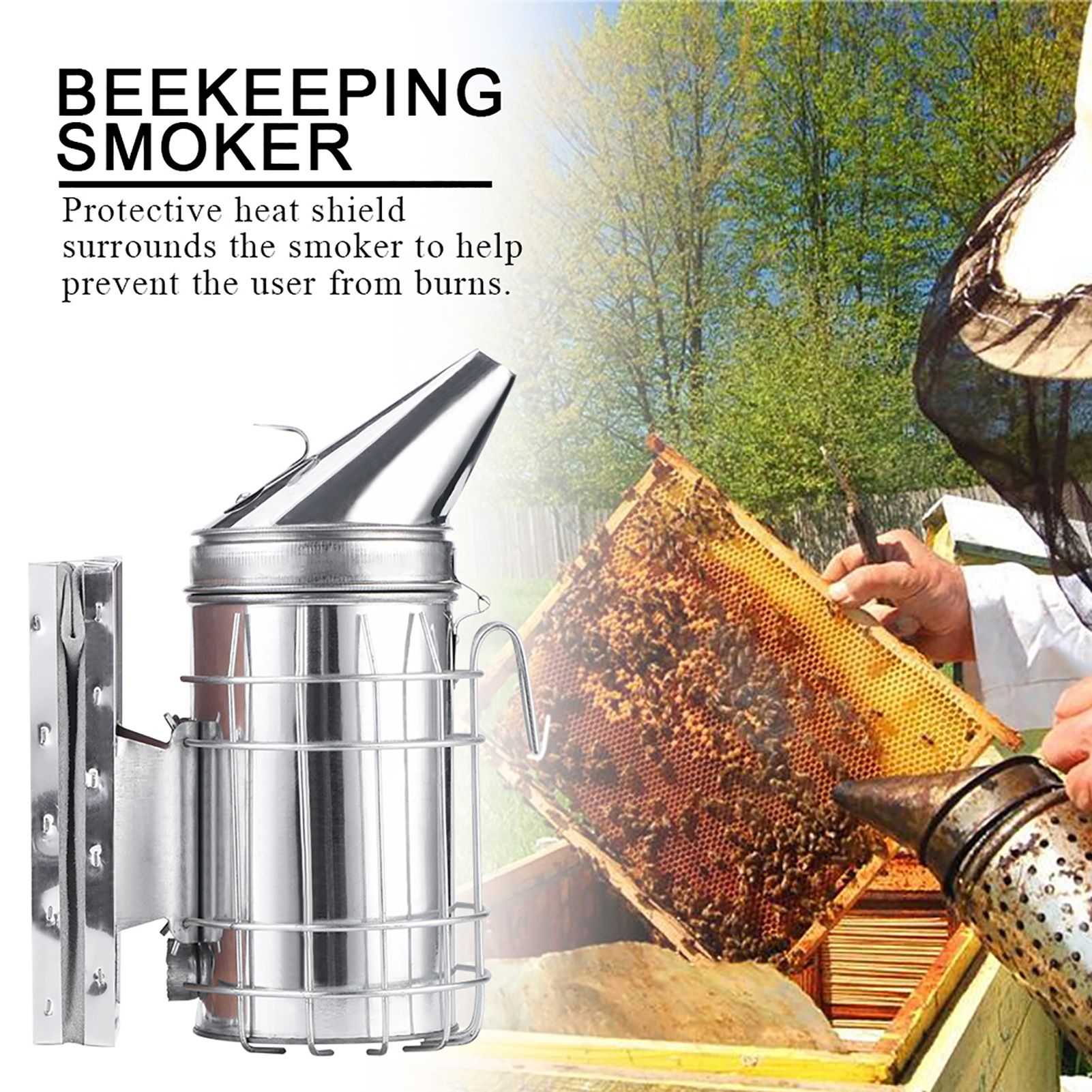 Bee Hive Smoker with Heat Shield Protection Board Iron Beekeeping Equipment view 4