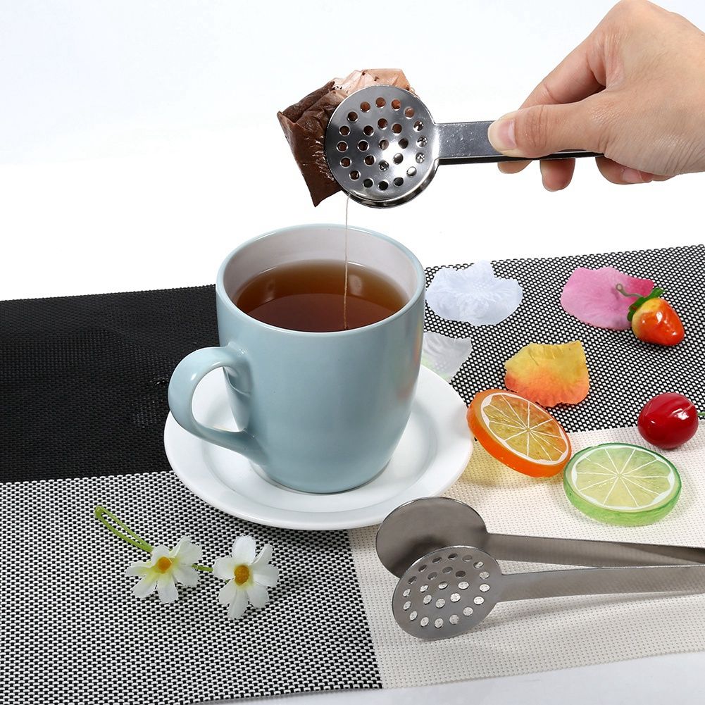 2pcs Kitchen Craft Tool Stainless Steel Round Tea Bag Tongs Squeezer Holder Grip view 7