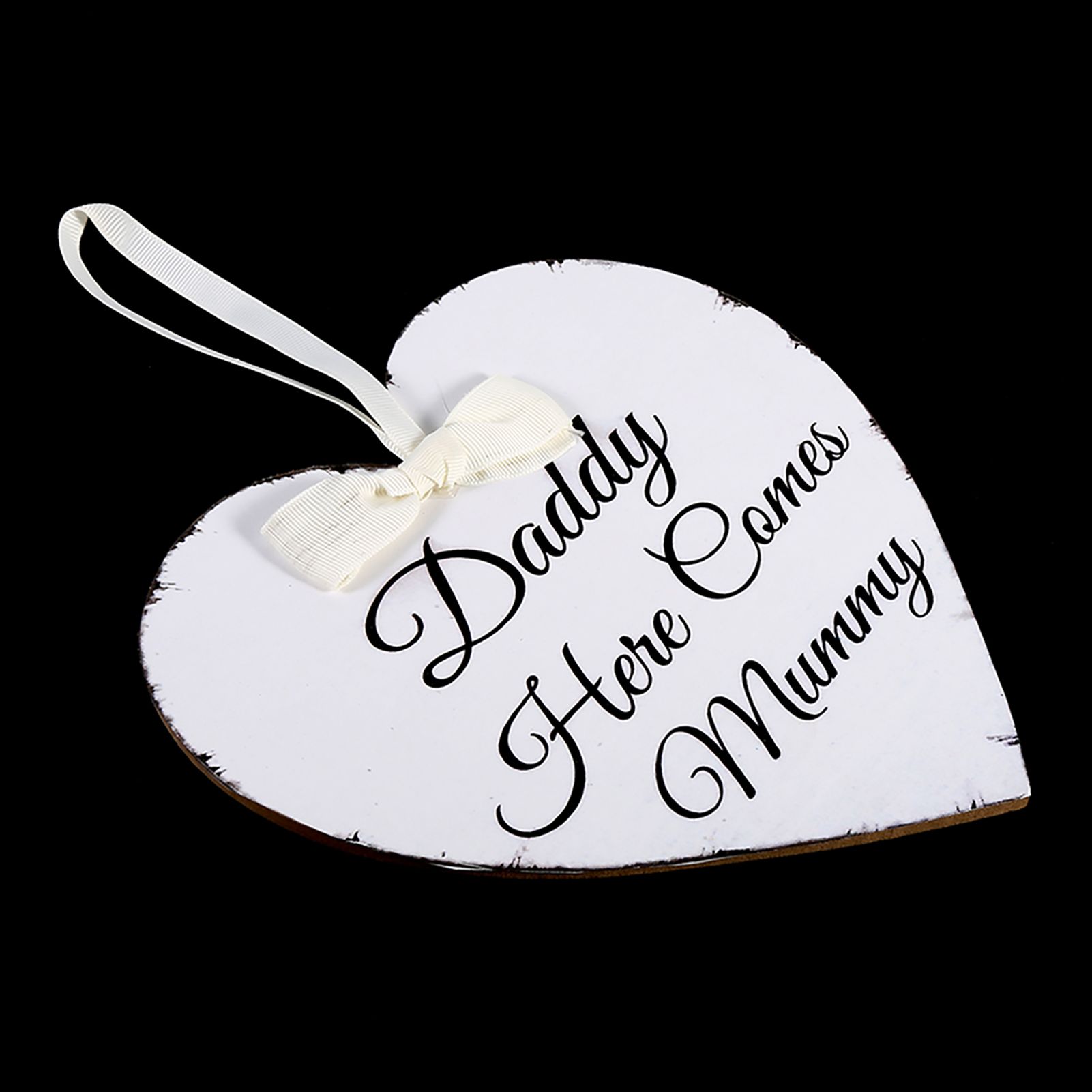 Vintage Love Heart Shape Daddy Here Comes Mummy Wedding Party Wooden Hanging view 3
