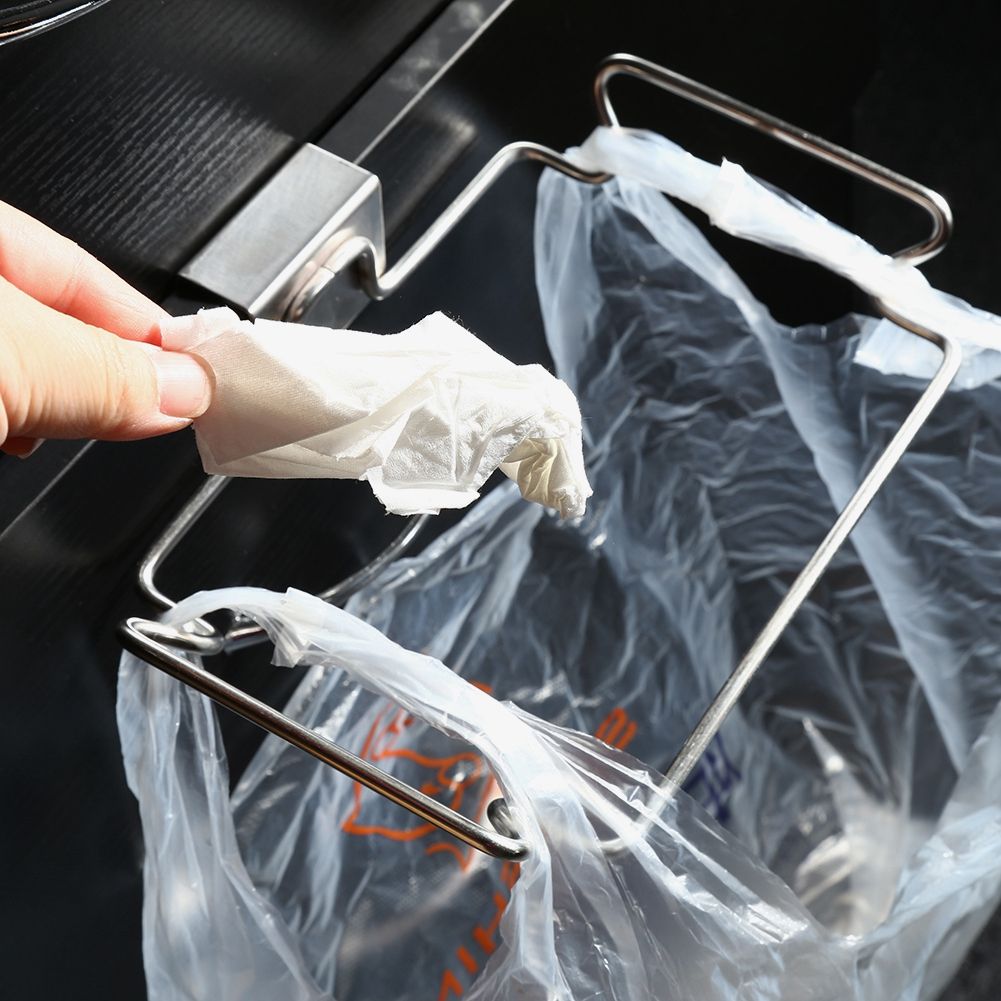 Creative Back Door Stainless Steel Trash Bag Hanging Rack Shelf Storage Hook view 6
