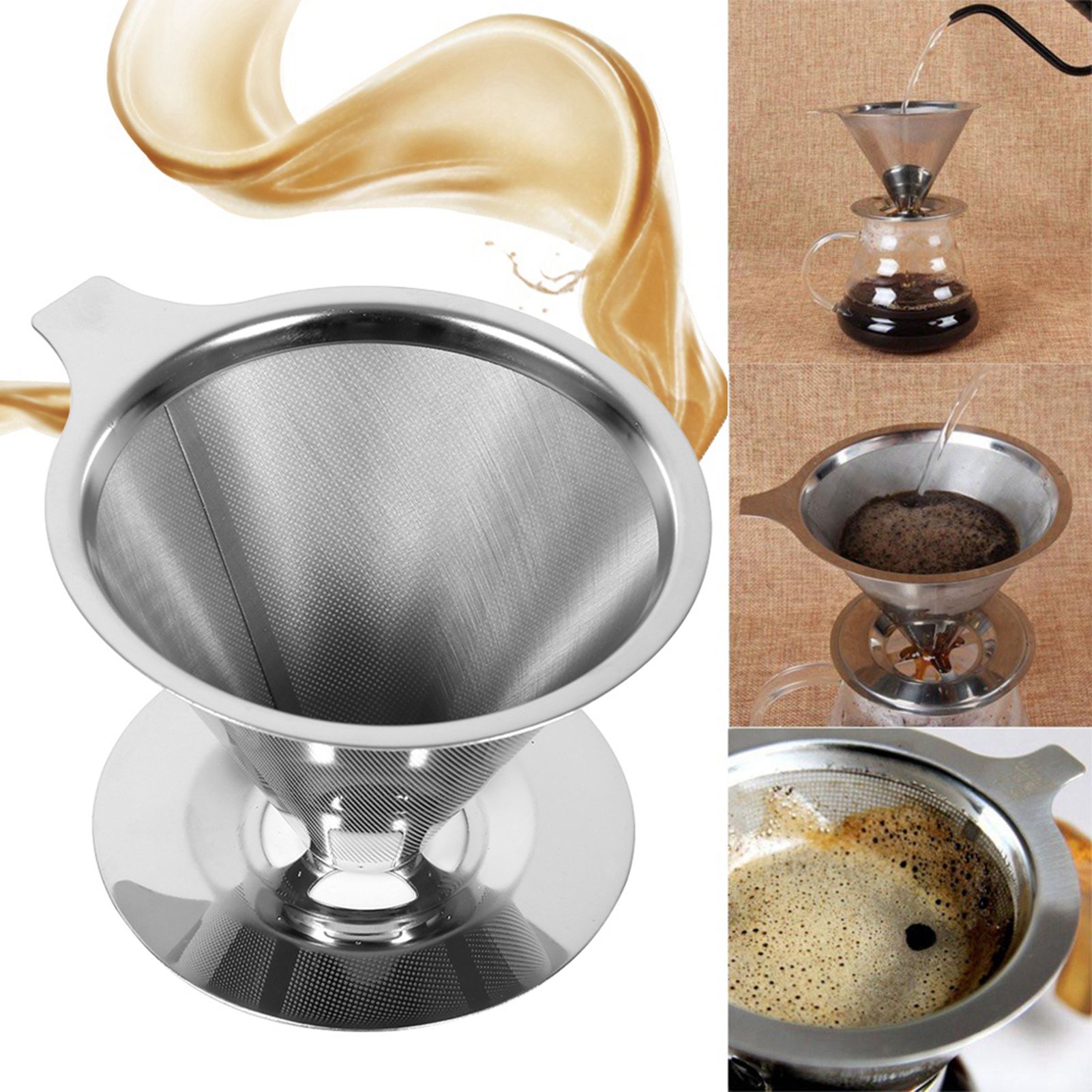 1Pc Stainless Steel Pour Over Coffee Dripper Double Layer Mesh Filter Cup view 13