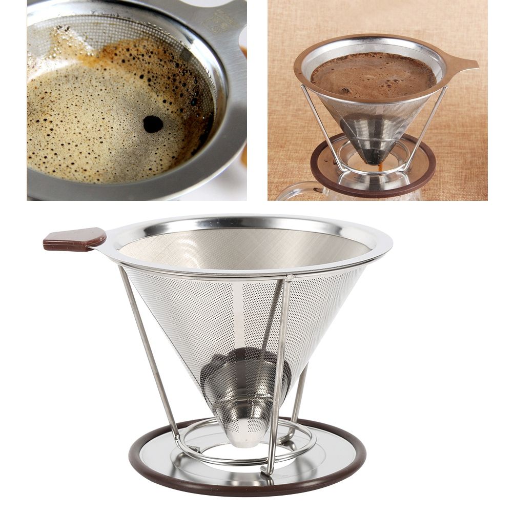1x Portable 304 Stainless Steel Drip Dripper Double Layer Mesh Coffee Cone view 10