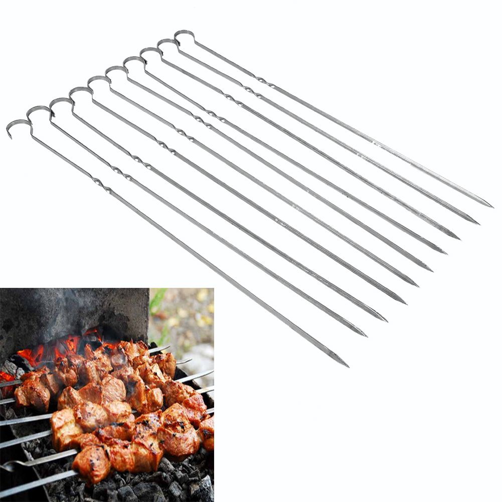 10PCS BBQ Barbecue Grilling Cooking Long Stainless Steel Kabob Kebab Flat view 10