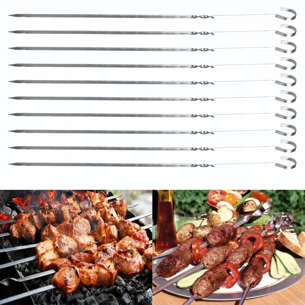 10PCS BBQ Barbecue Grilling Cooking Long Stainless Steel Kabob Kebab Flat view 11