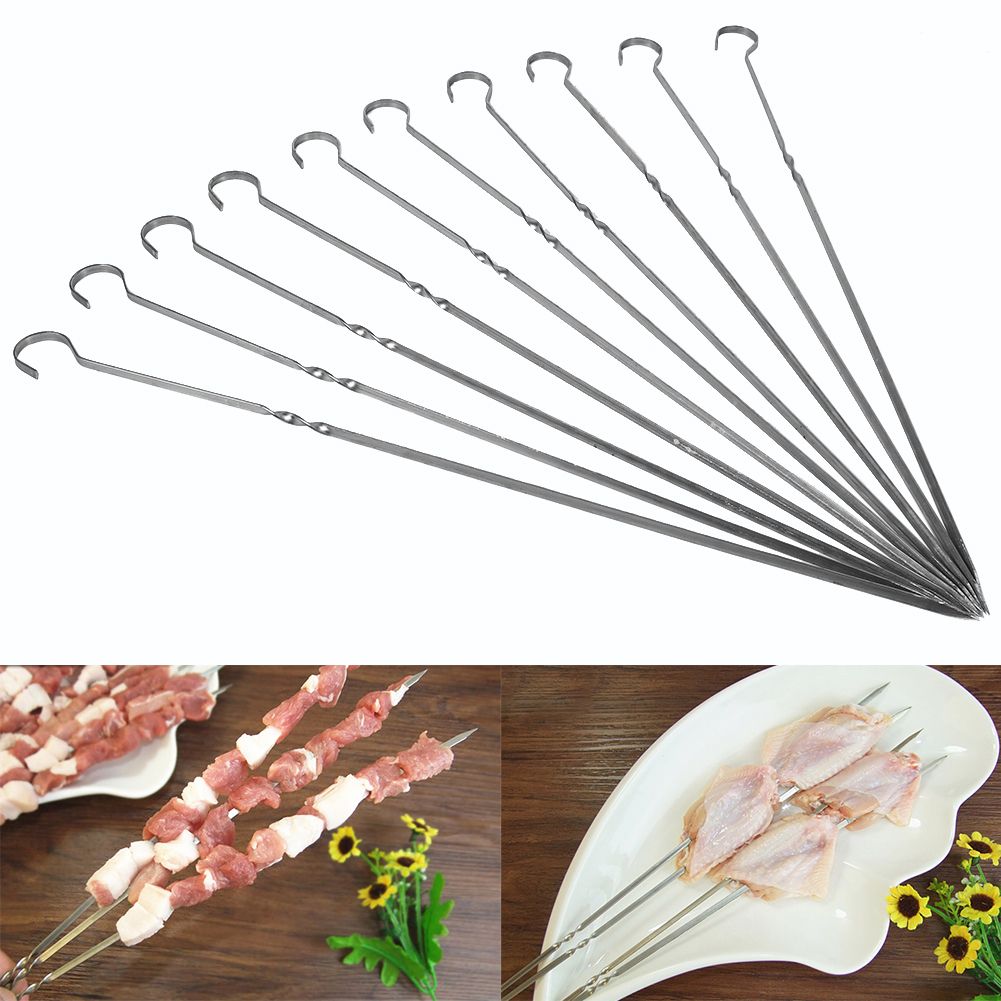 10PCS BBQ Barbecue Grilling Cooking Long Stainless Steel Kabob Kebab Flat view 12