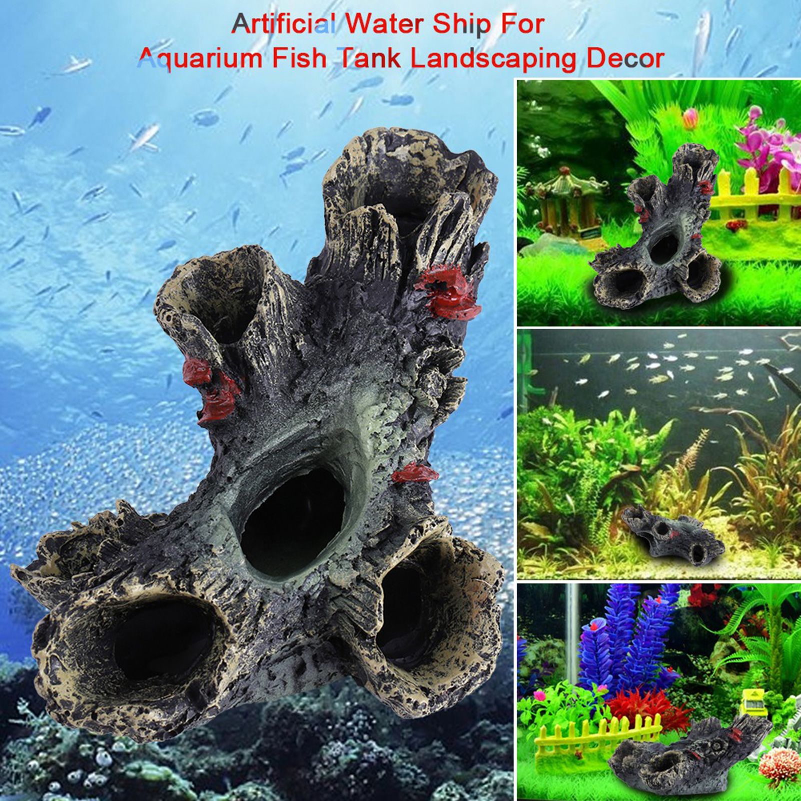 Artificial Resin Aqua Aquarium Dead Wood Fish To avoid Hole Tank Ornament Decor view 2