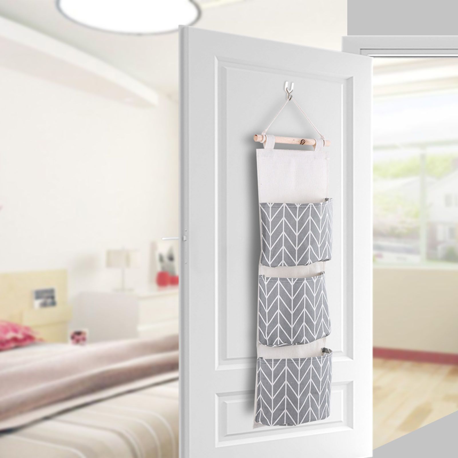 3 Pockets Cotton Linen Wall Hanging Storage Bag Door Pouch Bedroom Home Office view 6