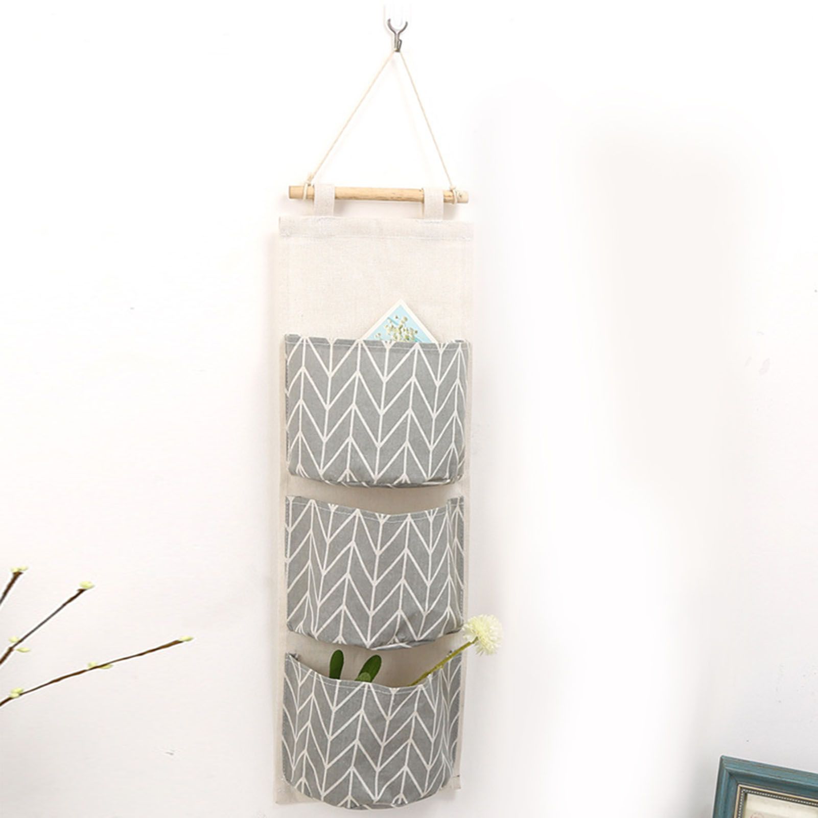 3 Pockets Cotton Linen Wall Hanging Storage Bag Door Pouch Bedroom Home Office view 7