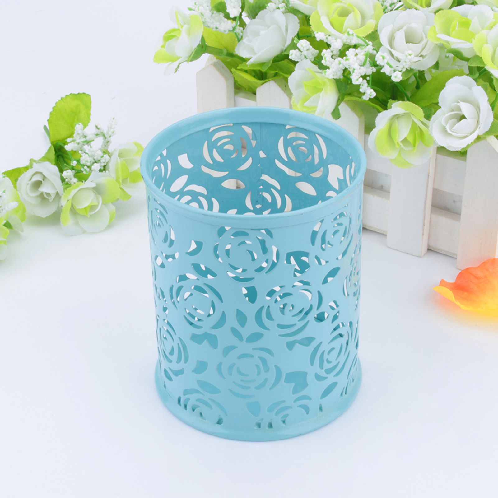 Office Desk Hollow Rose Flower Pattern Pen Pencil Pot Holder Container view 5