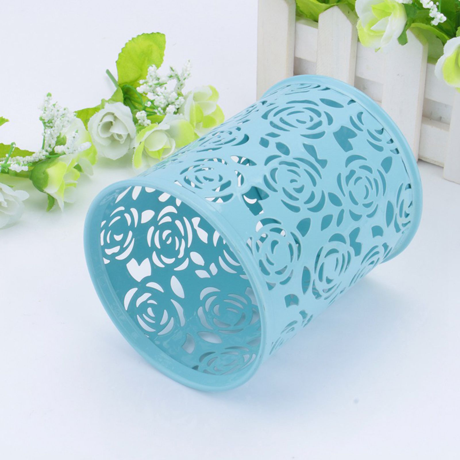 Office Desk Hollow Rose Flower Pattern Pen Pencil Pot Holder Container view 6