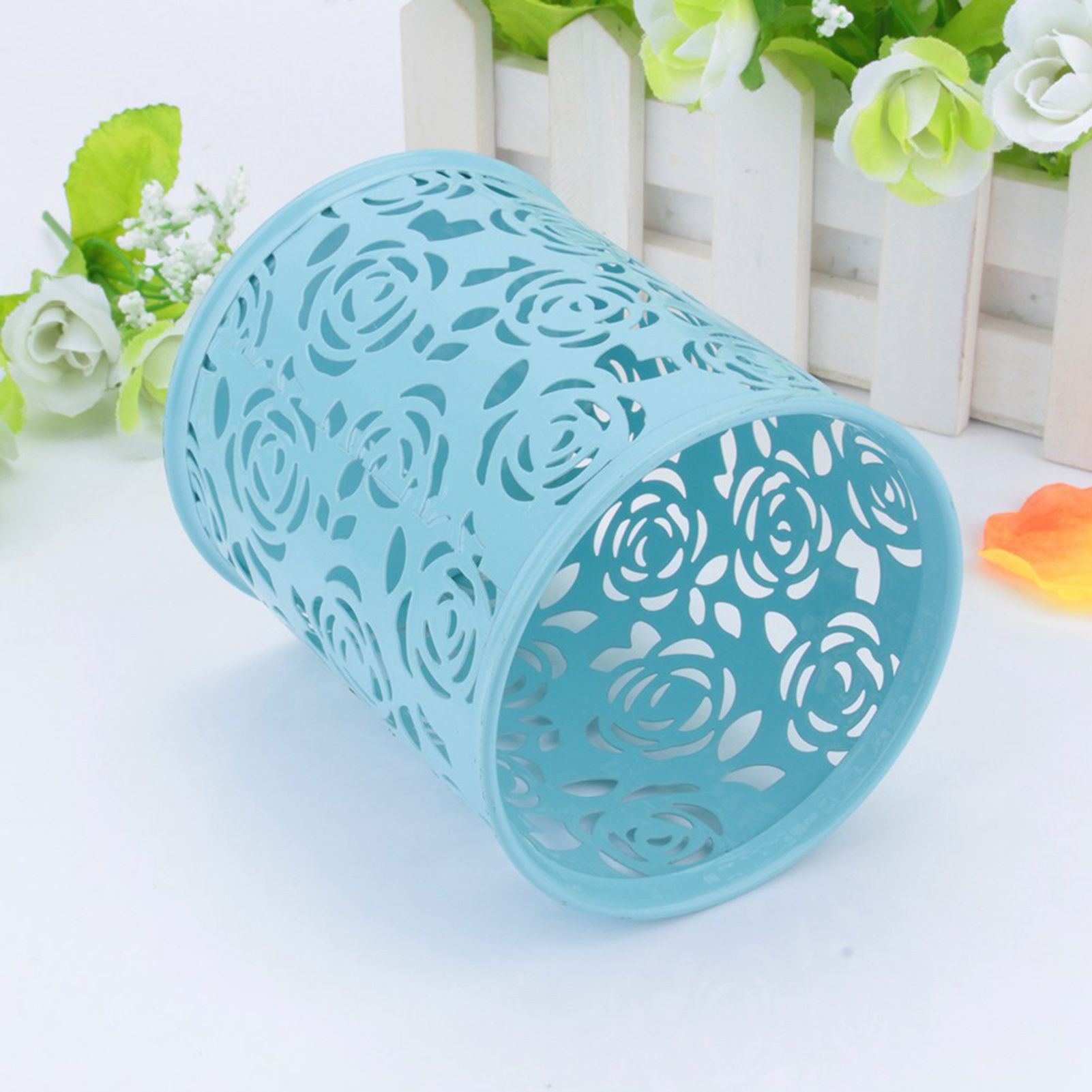 Office Desk Hollow Rose Flower Pattern Pen Pencil Pot Holder Container view 7