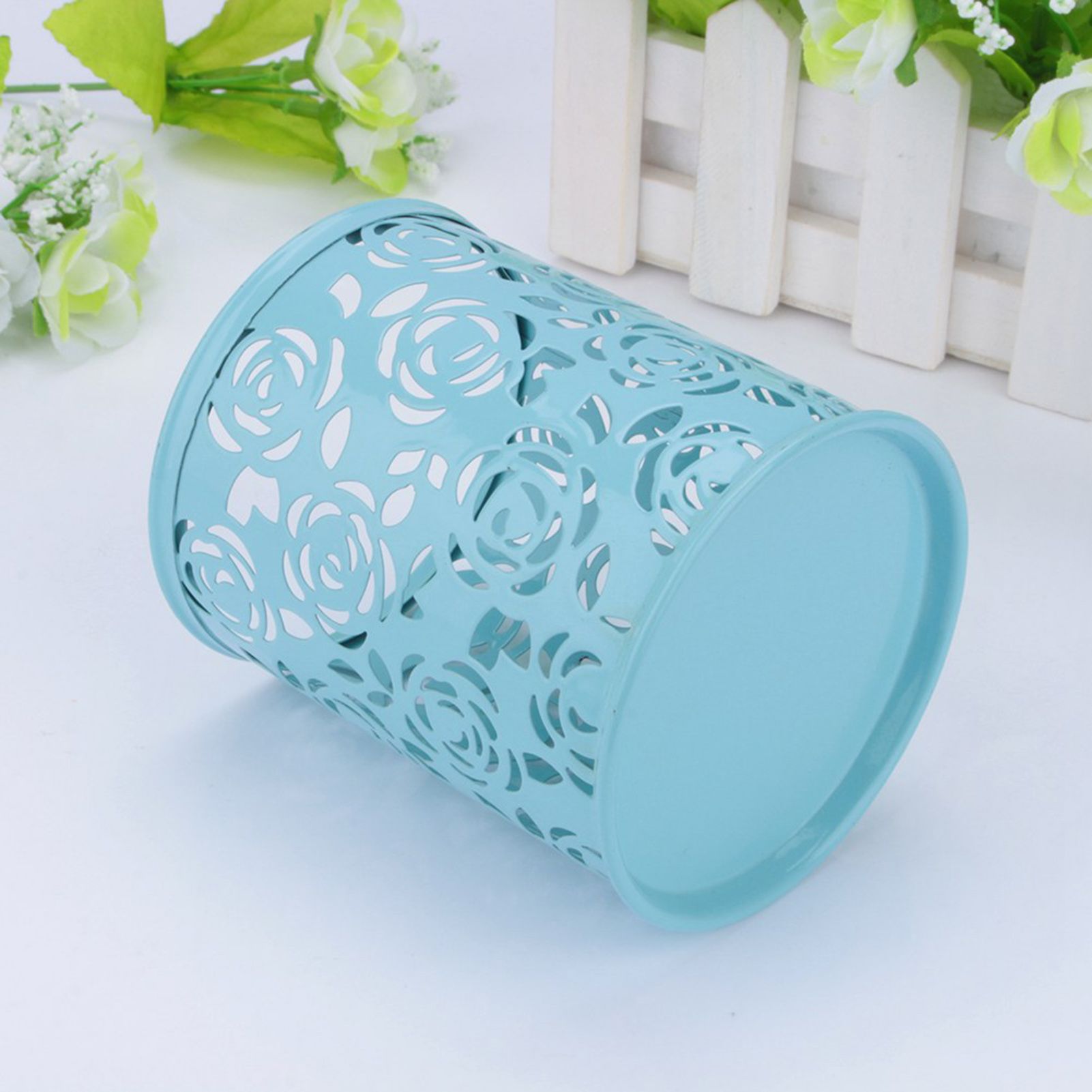 Office Desk Hollow Rose Flower Pattern Pen Pencil Pot Holder Container view 8
