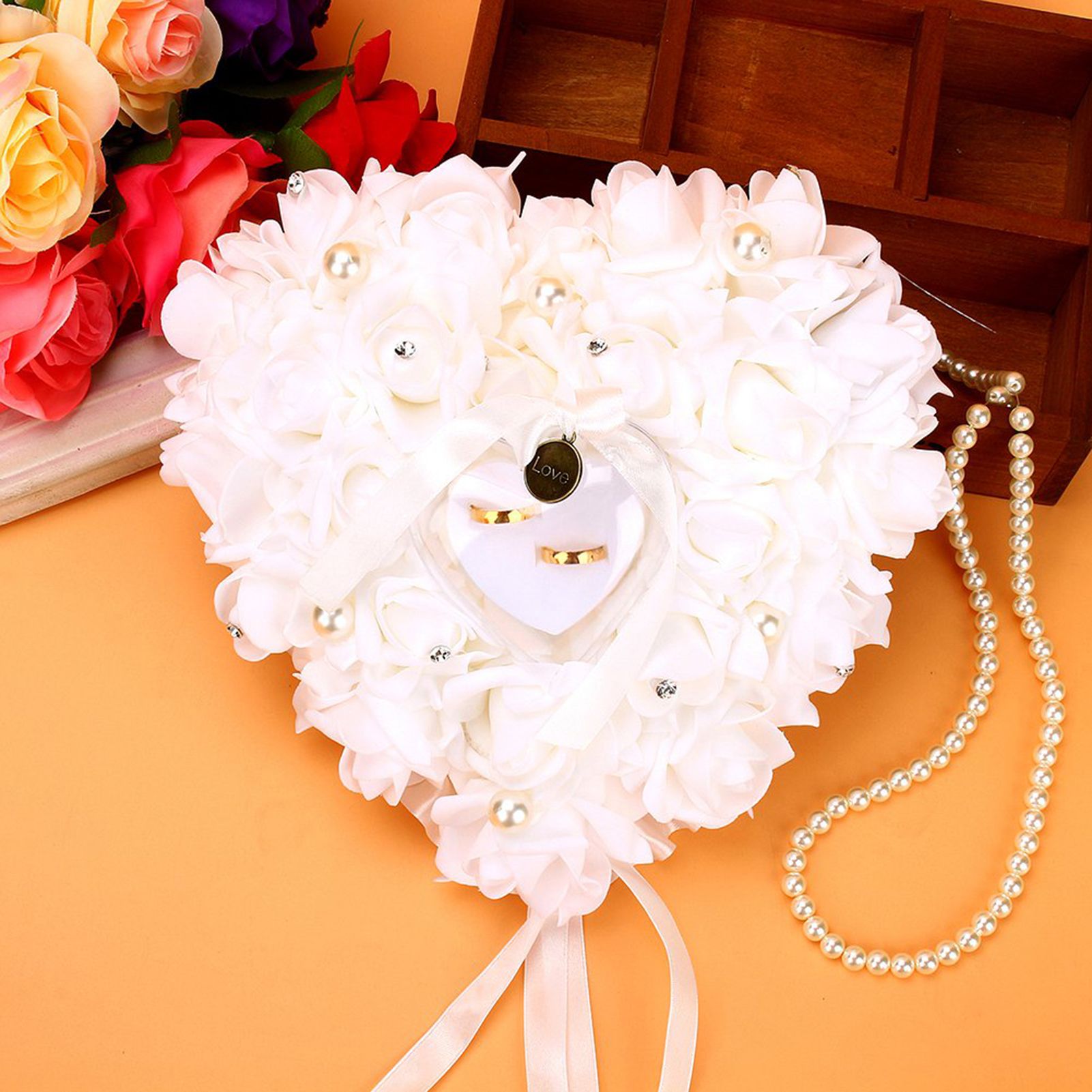 Romantic Rose Wedding Favors Heart Pearl Gift Ring Box Pillow Cushion view 6