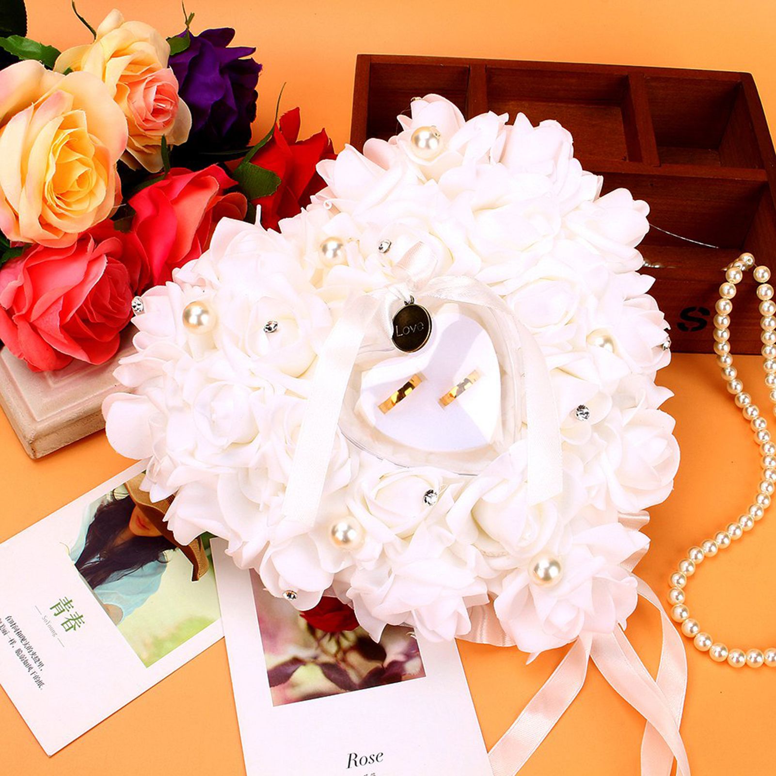 Romantic Rose Wedding Favors Heart Pearl Gift Ring Box Pillow Cushion view 7