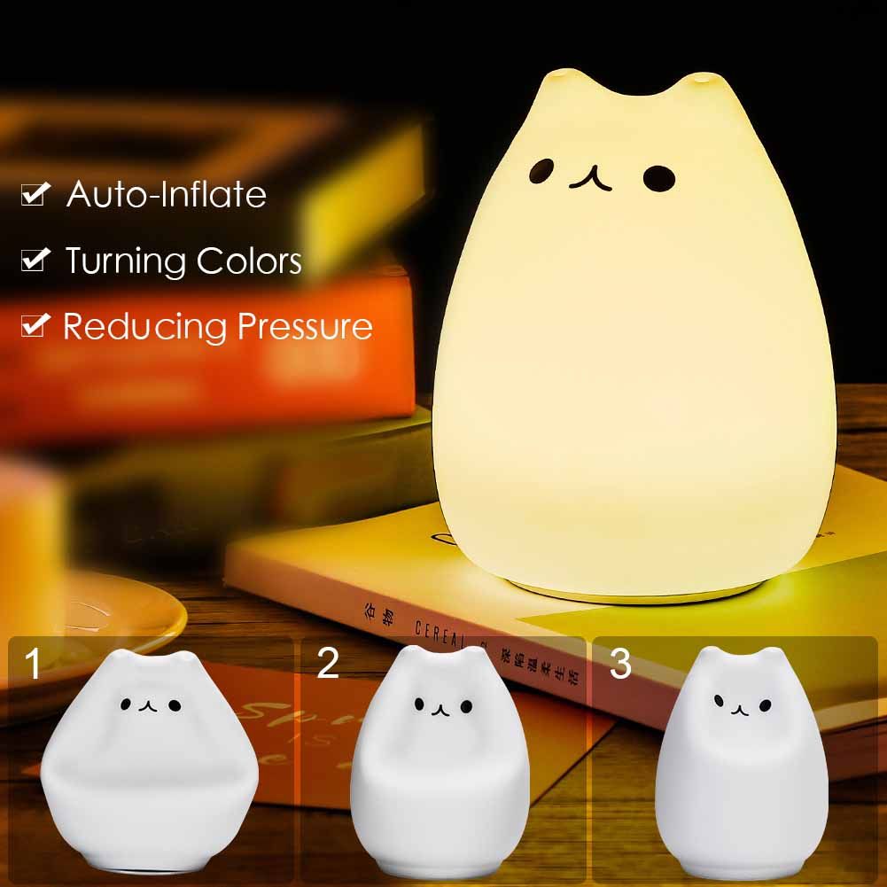 Children Night Light, EECOO Cute Cat Lamp Soft Silicone Sensitive Tap Control view 4