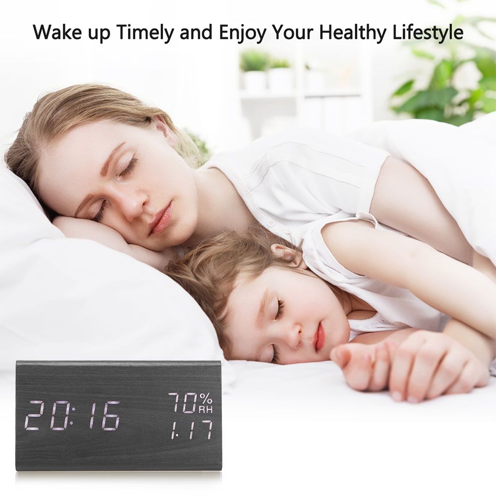 Wooden Alarm Clock, Wood LED Digital Desk Clock With Time Temperature view 6