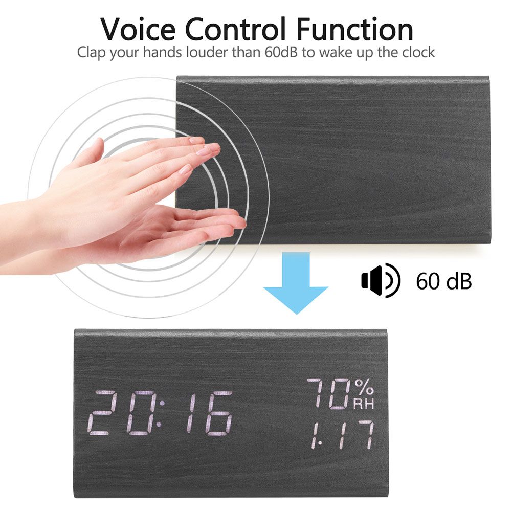 Wooden Alarm Clock, Wood LED Digital Desk Clock With Time Temperature view 7